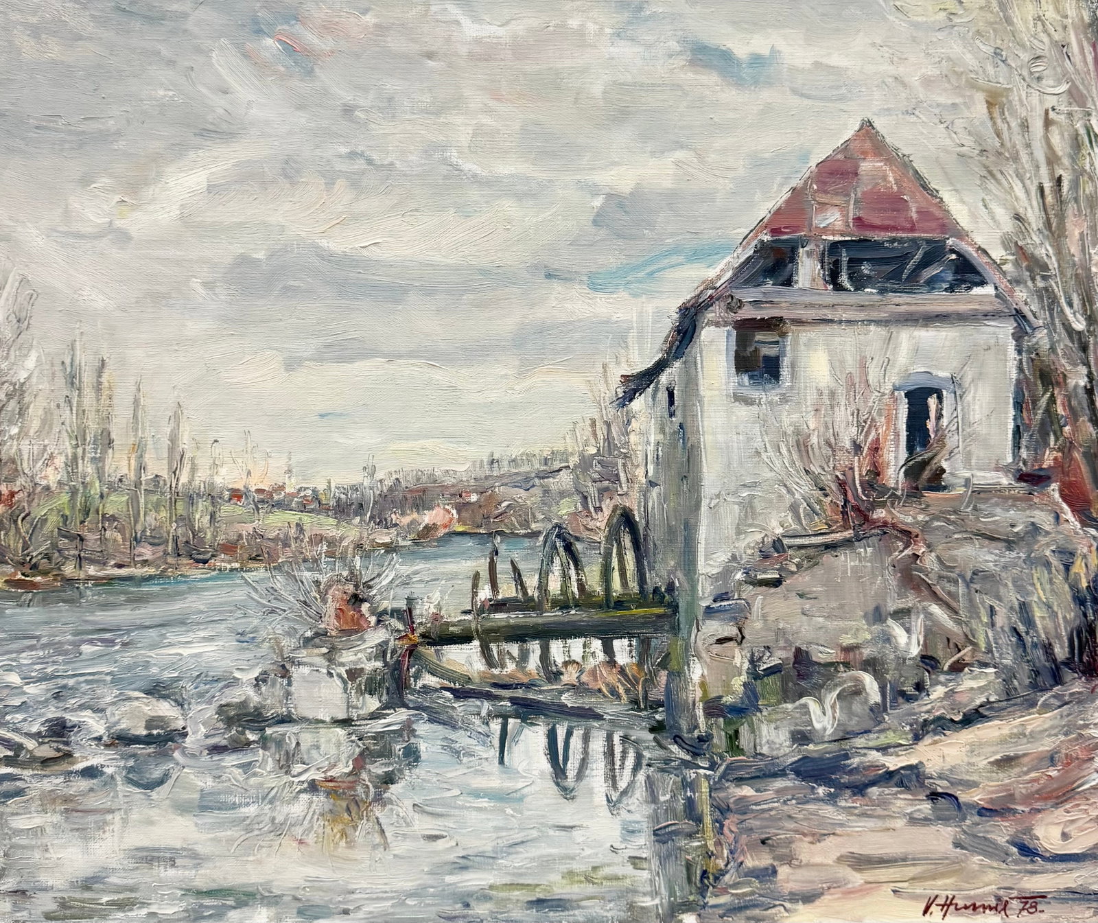 VJEKOSLAV HUMIC (20th c, Karlovac, Croatia) Watermill on the Kupa River: Oil painting on canvas 21 3/34 x 25 1/2 in. Domestic Flat Shipping Price: $70