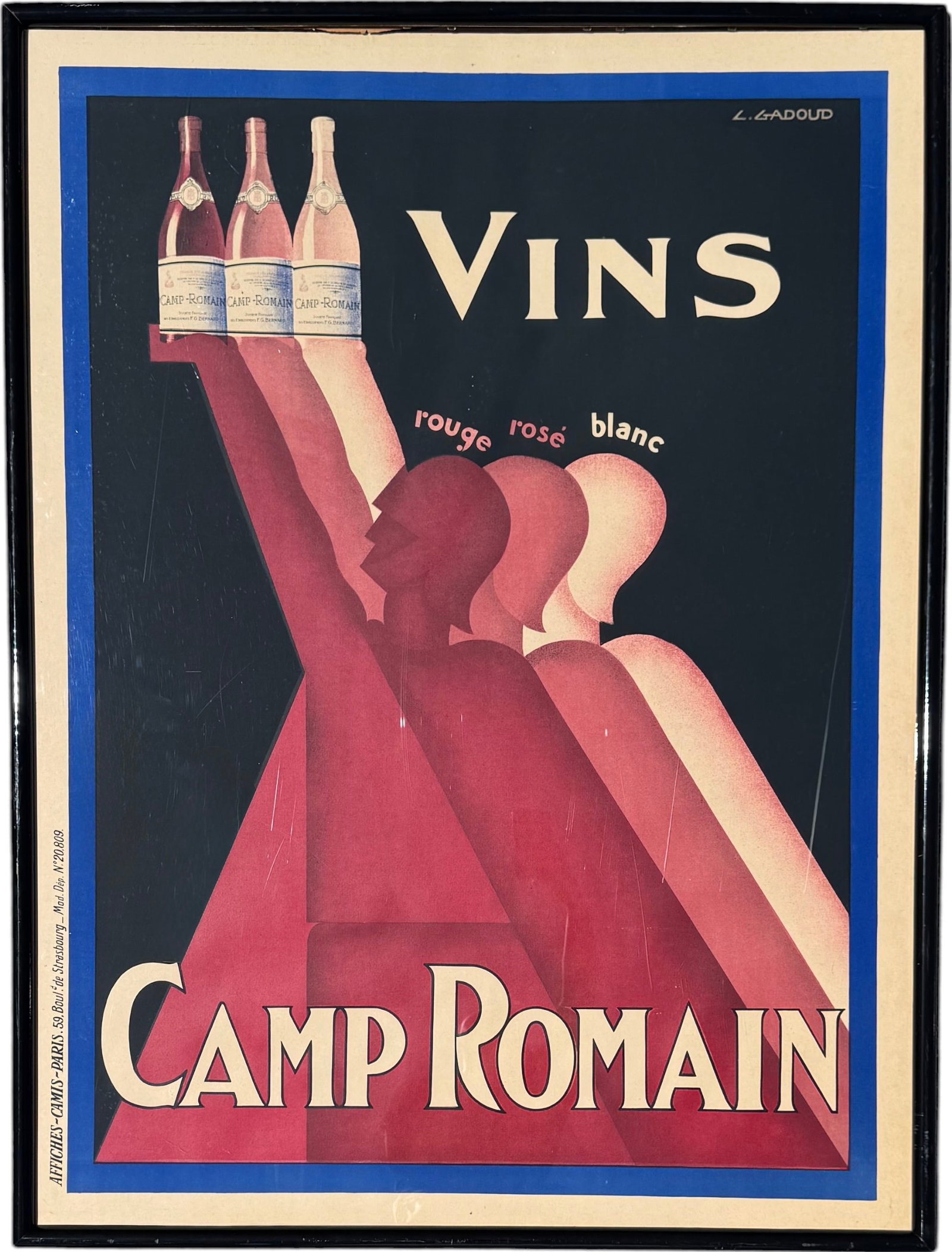Claude Gadoud (1905–1991), "Vins Camp Romain" - Monumnetal Size: 65 1/2 x 49 in (framed). Pick up only - or shipped rolled. Over sized item.