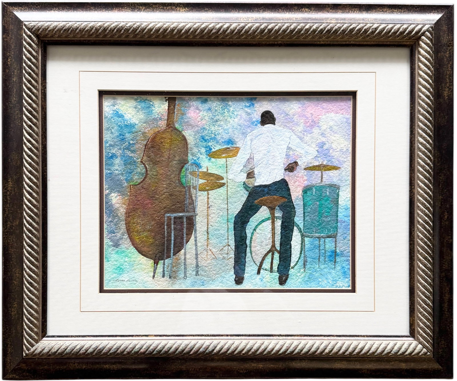 Myrna Morris Original Mixed Media Jazz Painting - Double Bass & Drums, Black Art: Mixed media on paper 13 1/4 x 10 1/4 in, (sight), 24 1/2 x 20 1/2 in (framed). Domestic Flat Shipping Price: $65