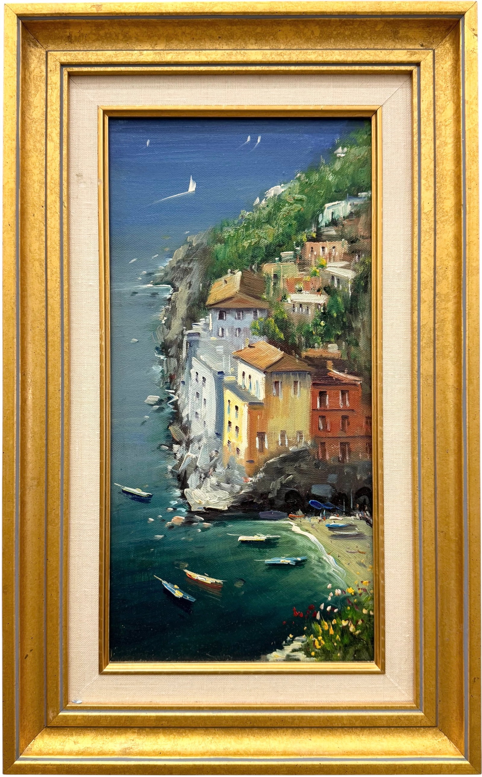 Nicely Framed Impressionist Oil Painting Of The Amalfi Coast In Italy: Oil painting on canvas 21 x 12 1/2 in (framed). Domestic Flat Shipping Price: $55