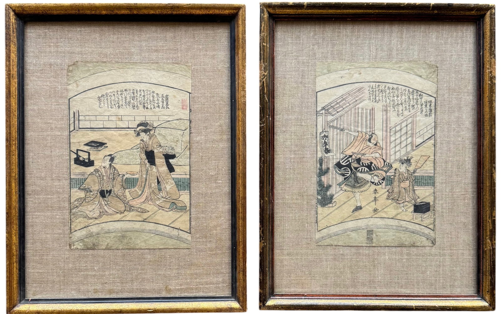 Pair Of Nicely Framed Japanese Woodblock Prints From The Edo Period: 10 x 6 1/2 in, 16 1/2 x 12 1/2 in (framed). Domestic Flat Shipping Price: $65