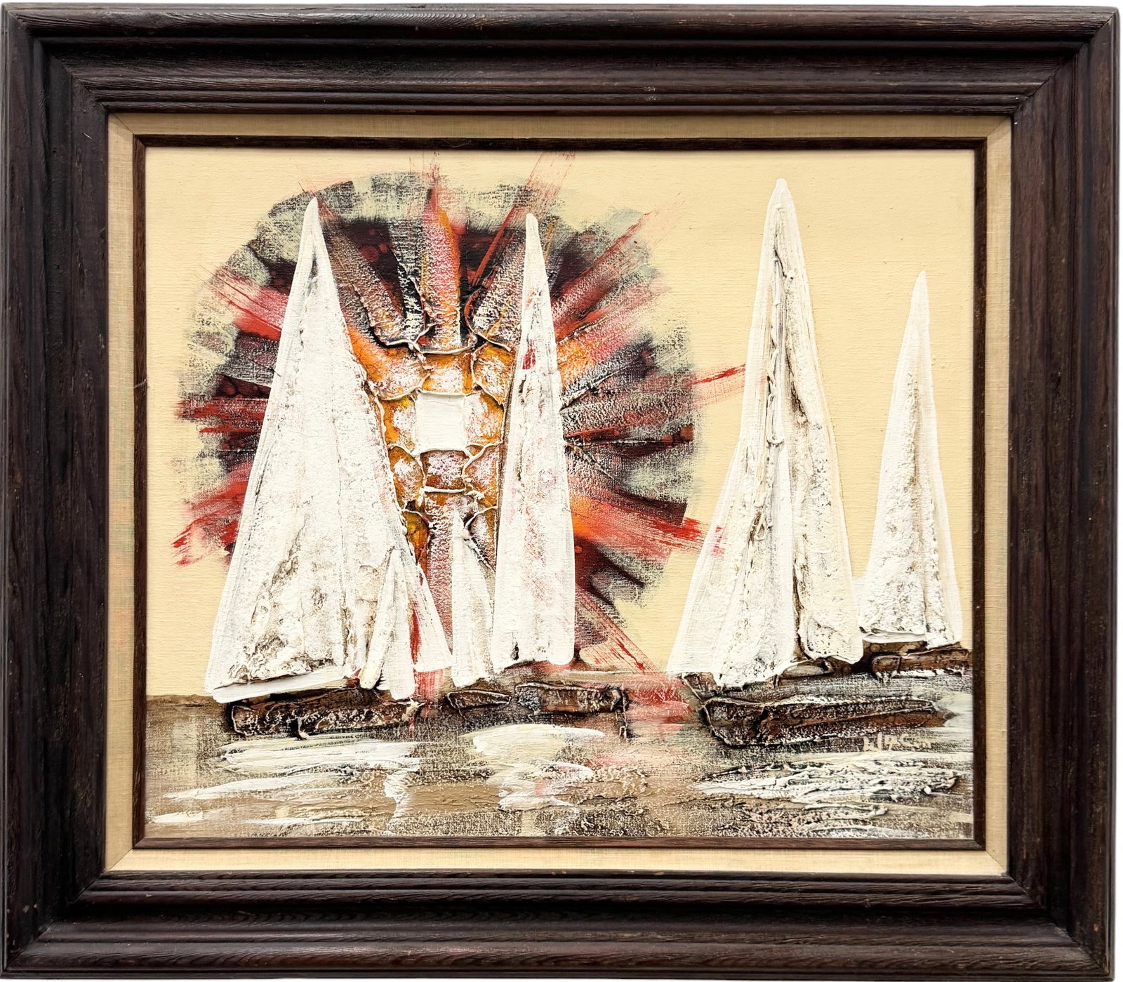 Mid-20th Century Modern Abstract Nautical Seascape Impasto Signed Painting: Oil painting on canvas 24 x 20 in, 32 x 28 in (framed). Domestic Flat Shipping Price: $90