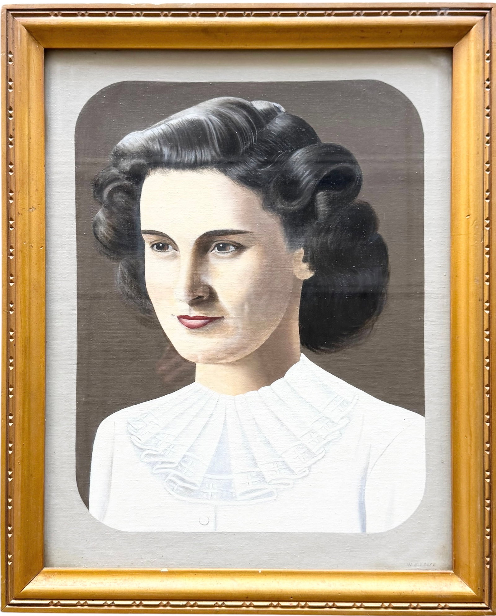 Circa 1940s/1950s American Portrait of a Young Woman by W.E. Keefe: Oil painting on board 22 x 18 in (framed). Domestic Flat Shipping Price: $80