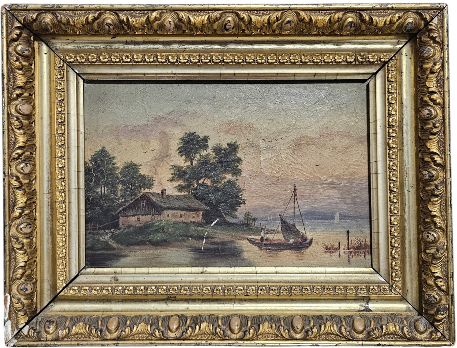 19th Century European School Landscape With Rustic Cottage On Lake: Oil painting on board 8 1/2 x 5 3/4 in, 11 3/4 x 9 in. Domestic Flat Shipping Price: $45