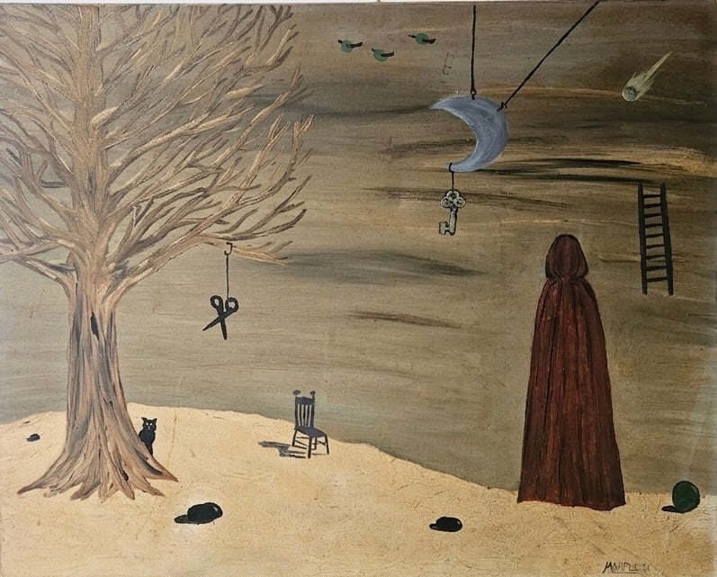 Vintage Surrealist Landscape, In the Manner of Gertrude Abercrombie, Signed Illegibly: Oil painting on canvas 30 x 24 in. Domestic Flat Shipping Price: $80