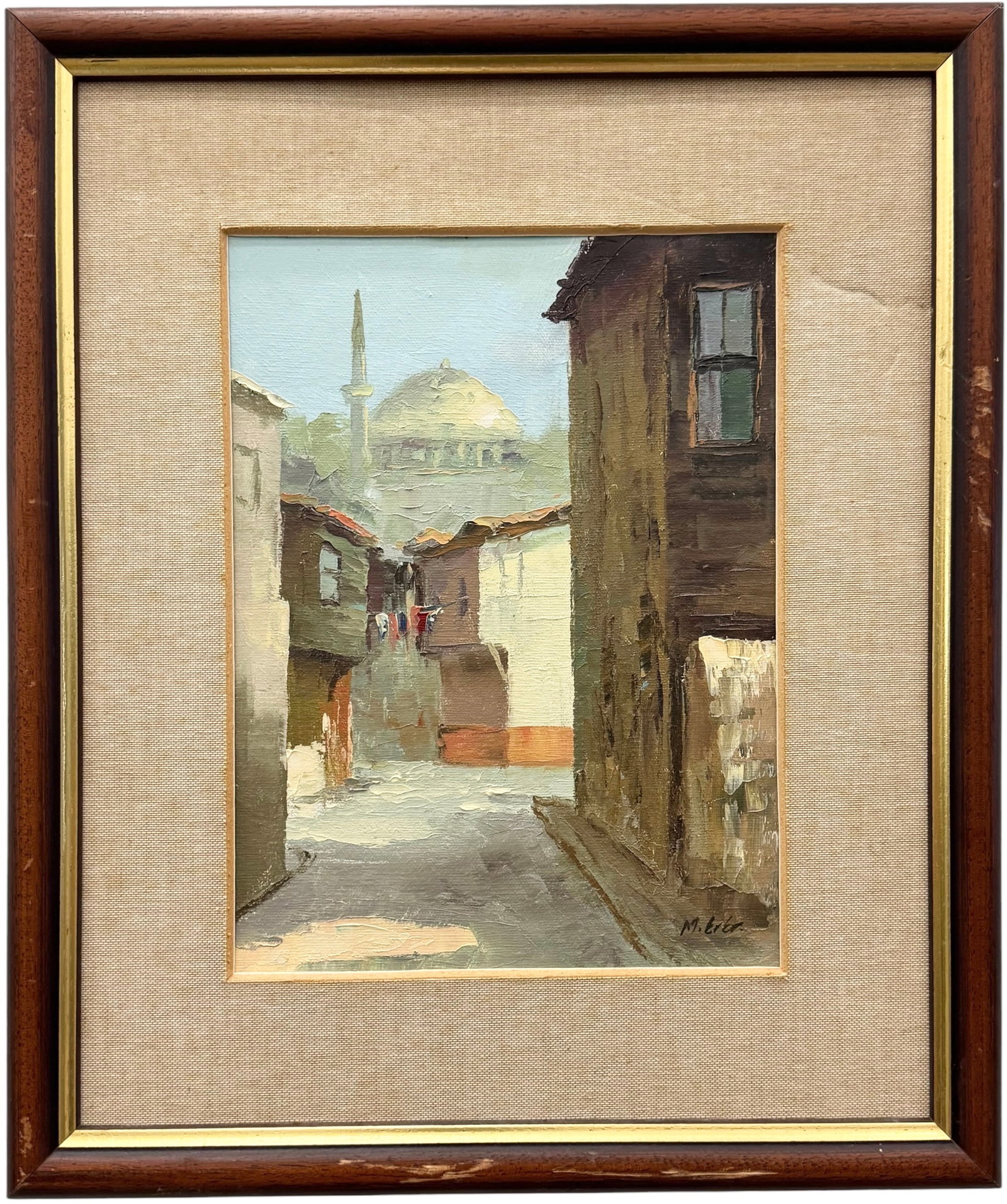 20th c Impressionist Historic Turkish Istanbul Street Scene with Minaret Signed Painting (1 of 4)