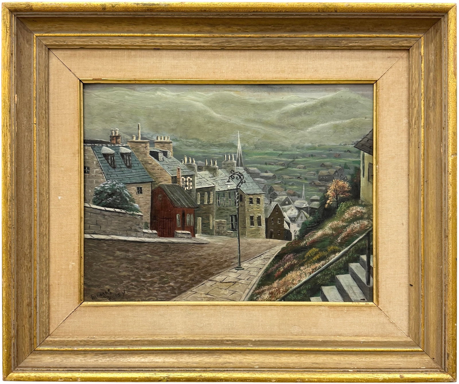 THOMAS KERRY (b. 1930, British American) Haworth Main Street: Oil painting on board 15 1/2 x 12 in, 22 1/2 x 18 1/2 in (framed).