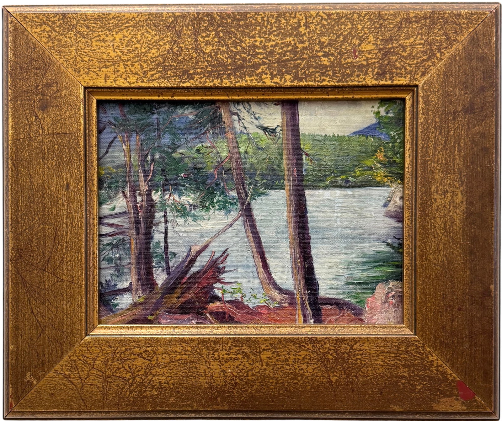 Early 20th C. American School Lakeside Impressiomist Landscape, Signed: Oil painting on board 8 x 6 in, 12 x 10 in (framed). Domestic Flat Shipping Price: $45