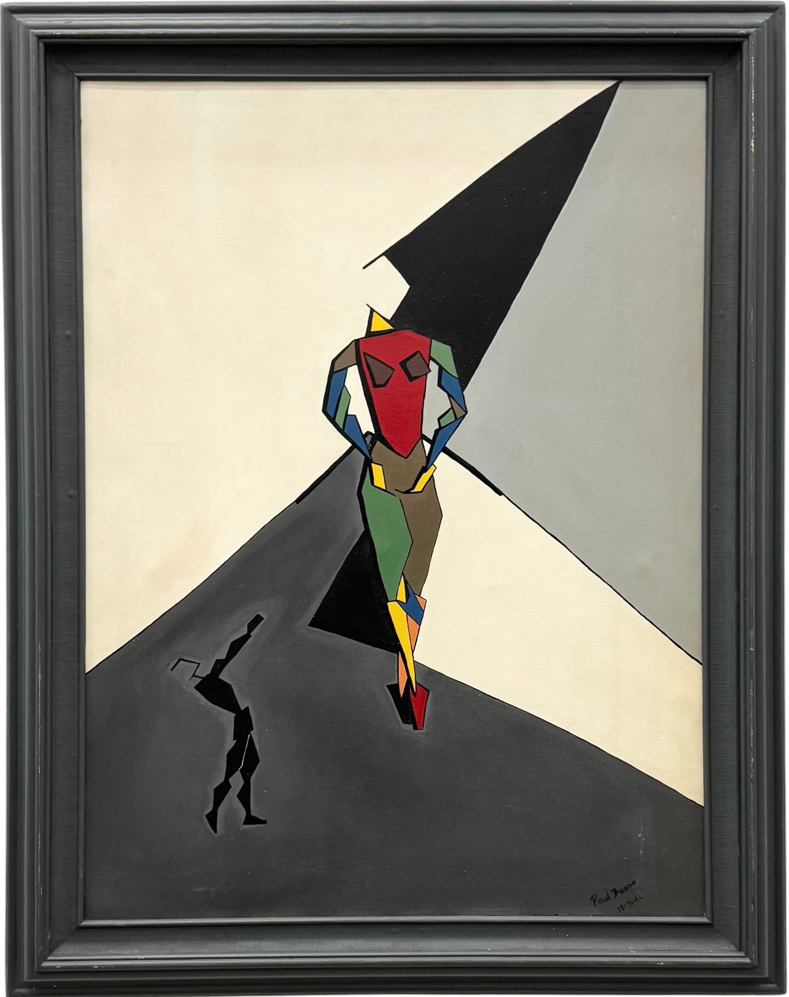 PAUL BUSSE (Mid-20th c, American) Geomteric Human Figure Abstract, 1960: Oil painting on canvas 40 x 30 in, 47 1/2 x 37 1/2 in (framed). Over sized item. Domestic Flat Shipping Price: $280