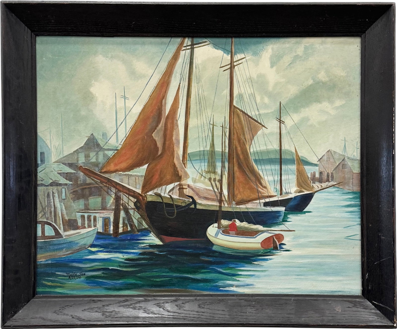 MABLE GEE (20th c, American) 1950's Harbor Scene: Oil painting on canvas 30 x 24 in, 35 x 29 in (framed). Domestic Flat Shipping Price: $90