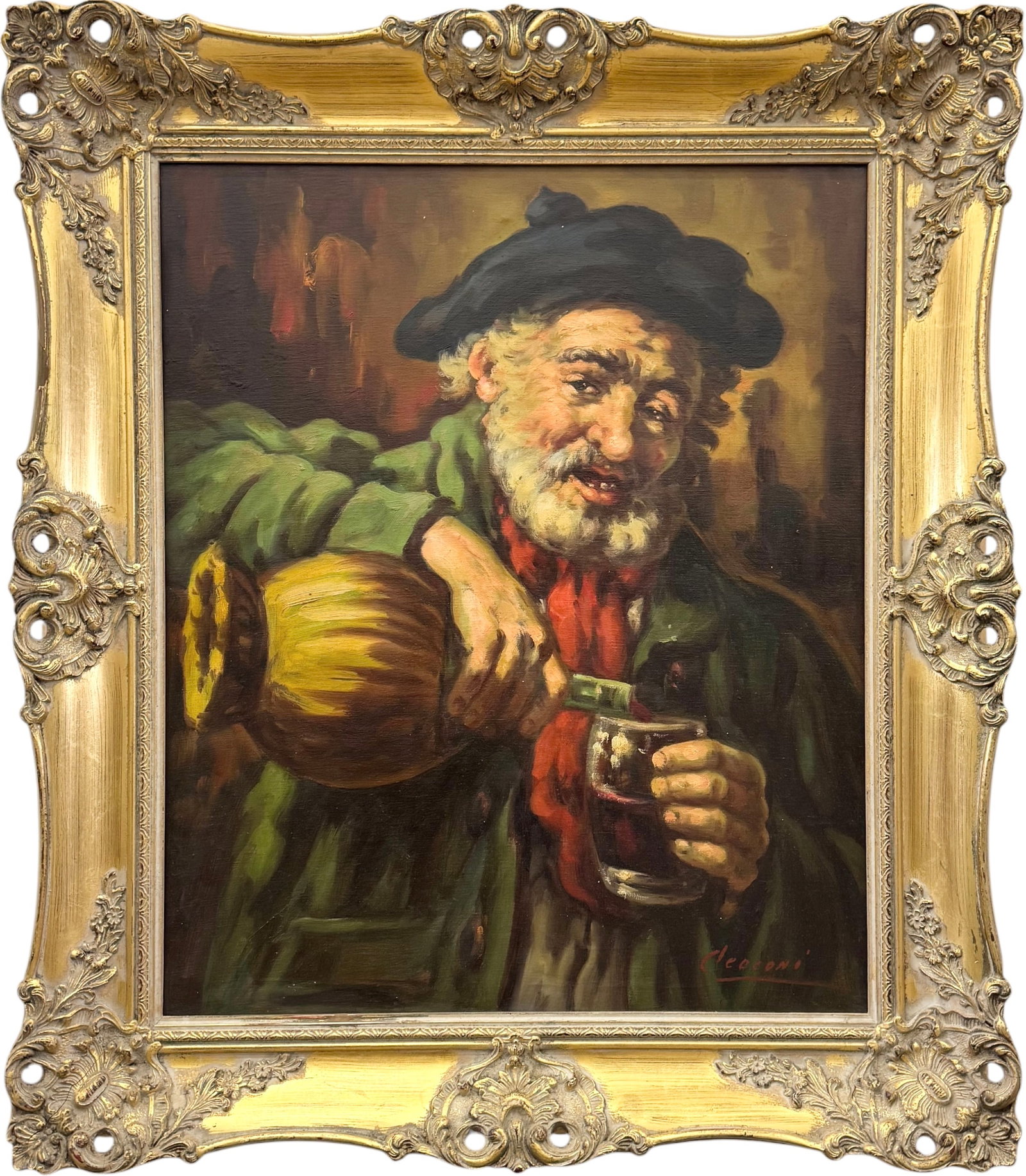 ALBERTO CECCONI (1897-1971, Italian) Old Man Drinking Wine: Oil painting on canvas 24 x 20 in, 30 x 26 in (framed). Domestic Flat Shipping Price: $90
