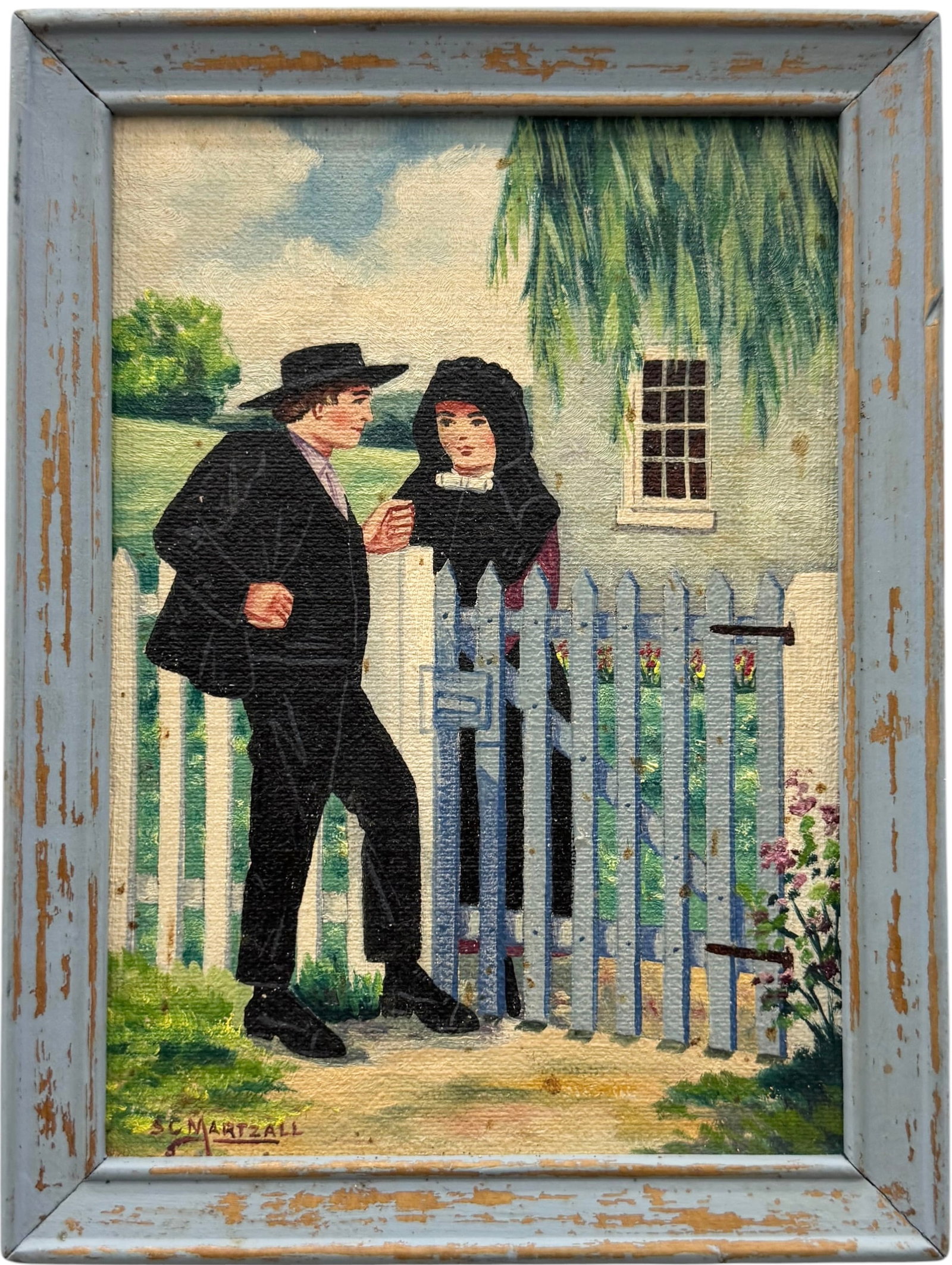 S.C. Martzall (20th c, Lancaster County, Pennsylvania) Courting: Oil painting on board 8 x 6 in. Domestic Flat Shipping Price: $35