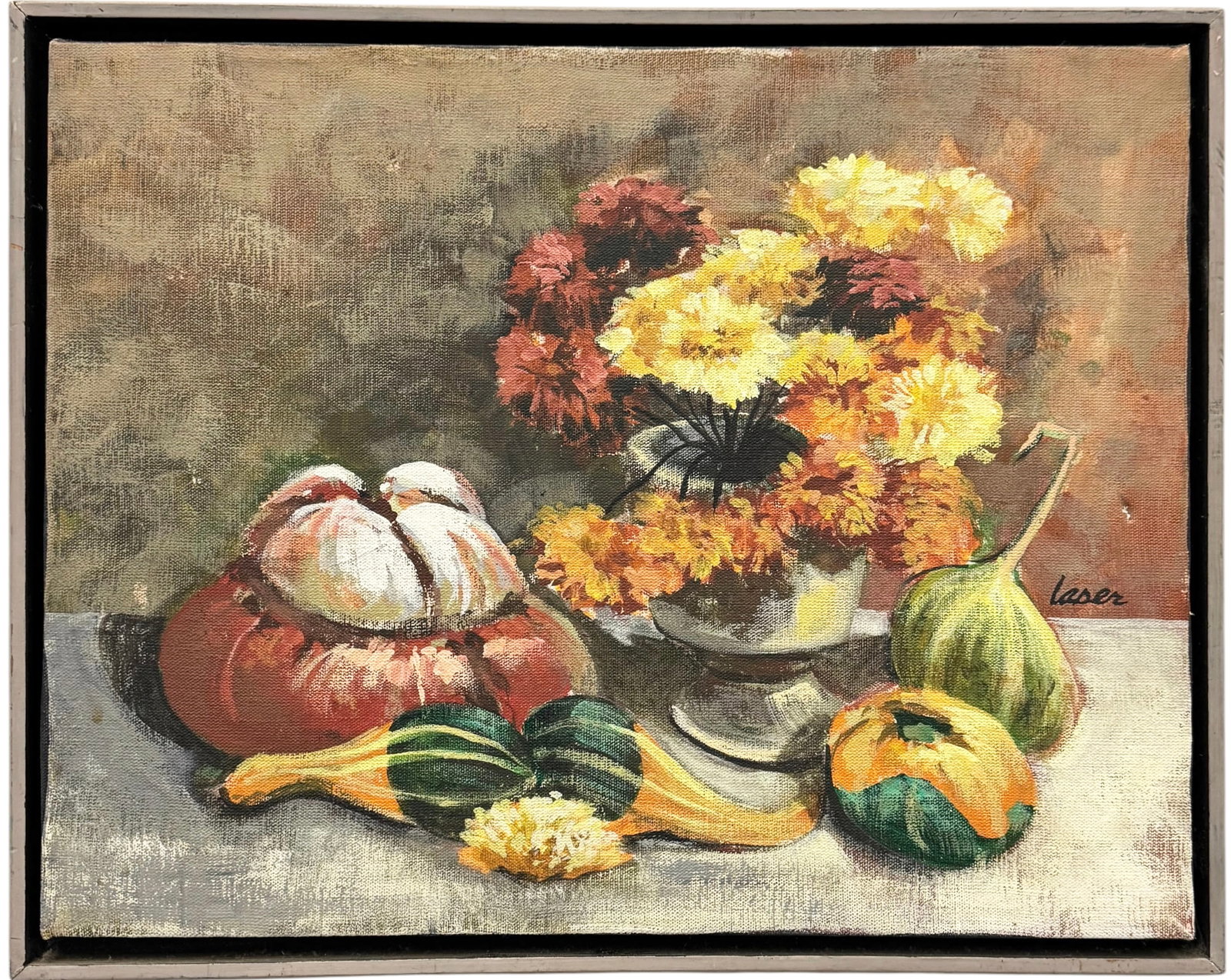 Mid-Century Autumn Floral Still Life Painting by Laser - Muted Earth Tones: Oil painting on canvas 16 x 14 in, 19 x 15 1/2 in (framed). Domestic Flat Shipping Price: $55
