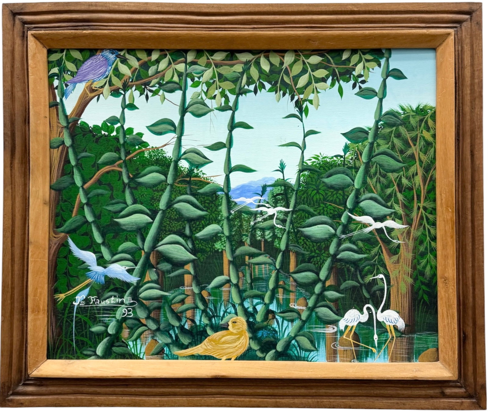 Vintage Haitian Folk Art Jungle Painting by J.B. Faustin, 1993: Oil painting on canvas 20 x 16 in, 24 x 20 in (framed). Domestic Flat Shipping Price: $65