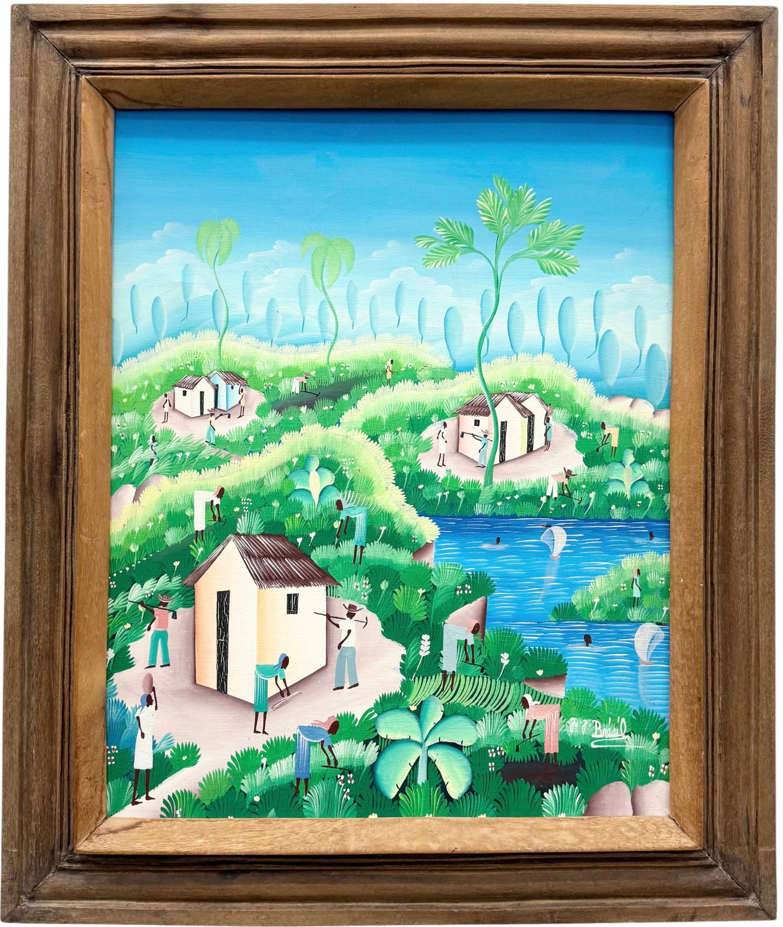 20th century Haitian School Primitive Landscape Signed Bresil: Oil painting on canvas 20 x 16 in. Domestic Flat Shipping Price: $55