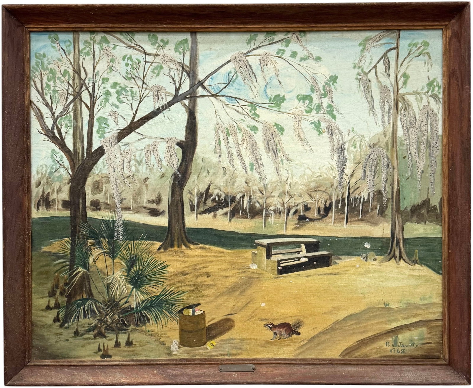 Vintage Oil Painting "Florida Park 1938" Signed Everglades Landscape With Raccoon: Oil painting on canvas 30 x 24 in, 33 x 27 in (framed). Domestic Flat Shipping Price: $90