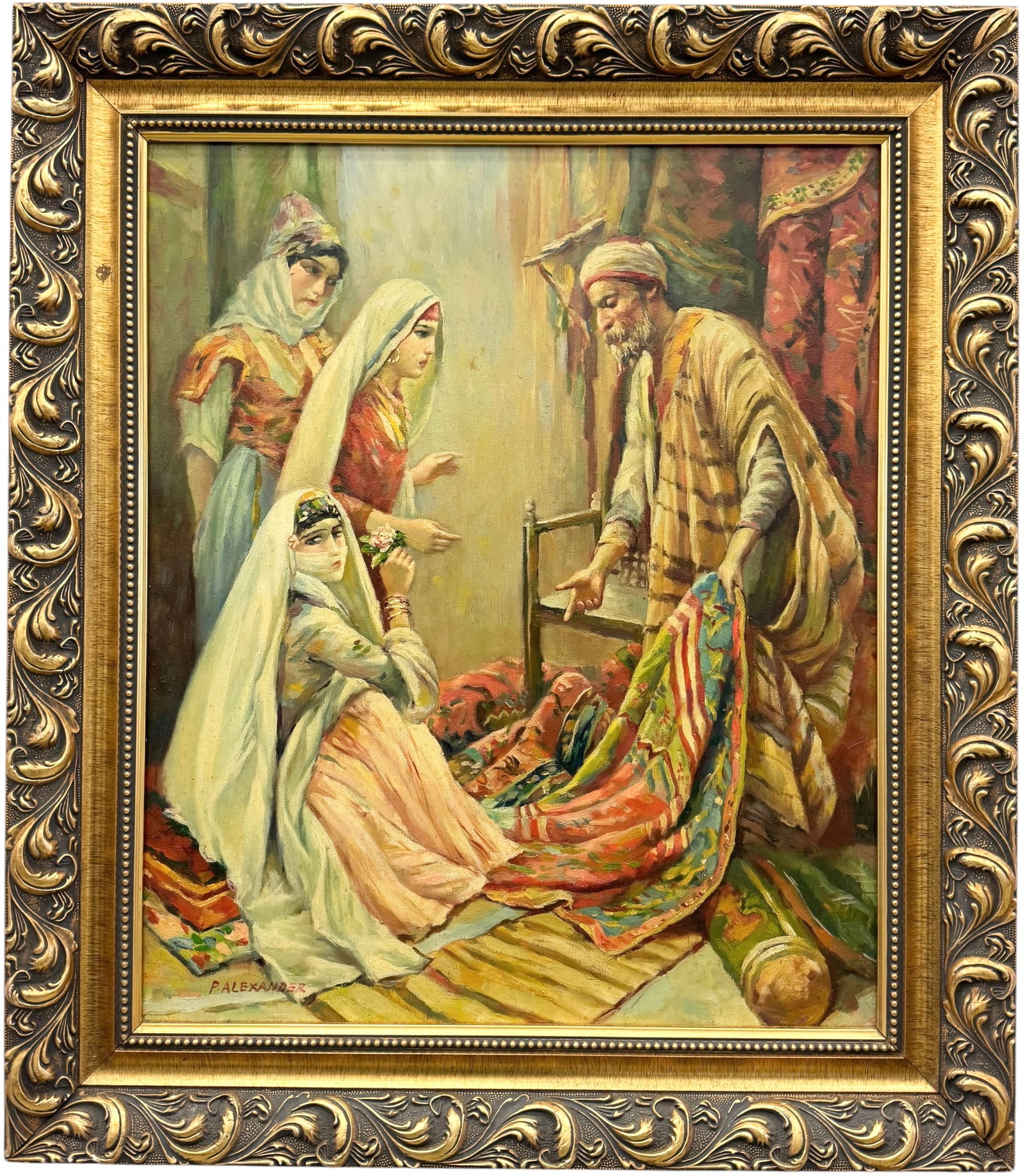 20th Century Orientalist Style Street Scene Of A Carpet Seller Signed P. ALEXANDER: Oil painting on canvas 30 x 26 in (framed). Domestic Flat Shipping Price: $80