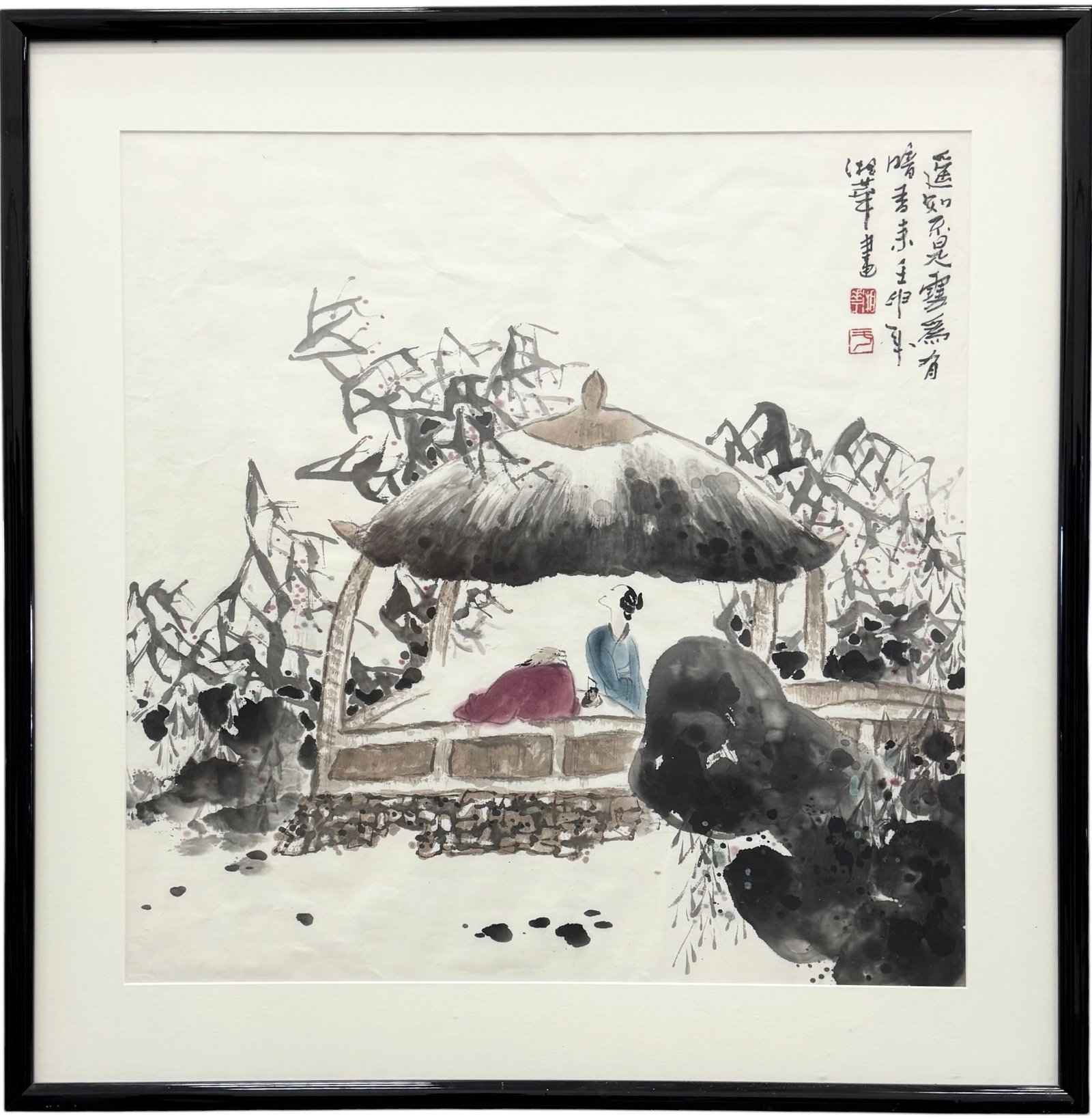 XIANGHUA (21st, c, Chinese) Figures in a Pavilion Admiring Plum Blossoms, 2011: 33 x 34 in (framed). Domestic Flat Shipping Price: $120
