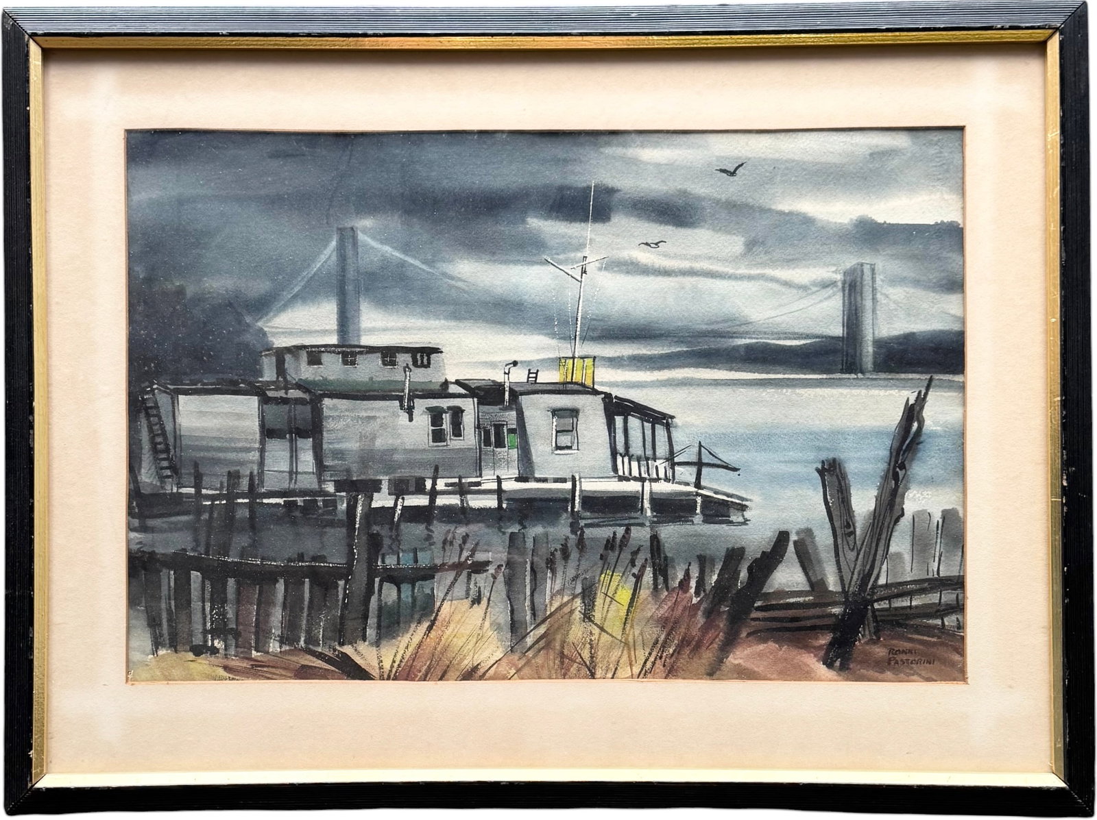 RONNI PASTORINI (20th c, American) New York Harbor & Bridge: Watercolor on paper 28 x 21 in (framed). Domestic Flat Shipping Price: $80