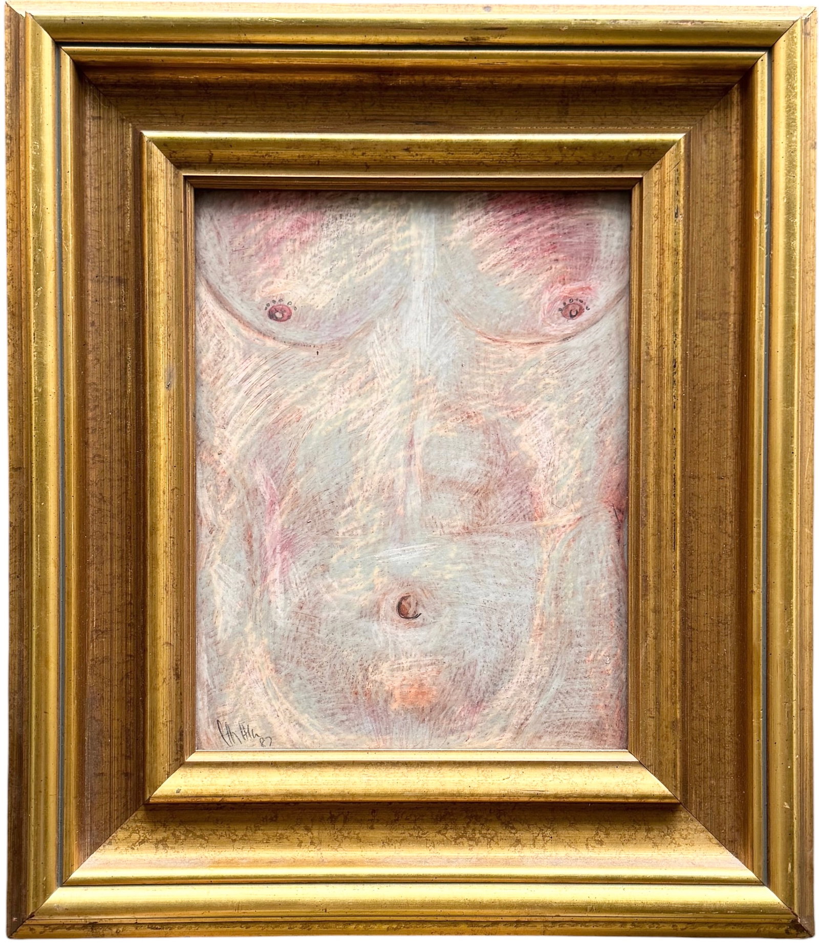 Modernist 1980's Figurative Nude Male Torso Pastel Study Illegibly Signed (1 of 3)