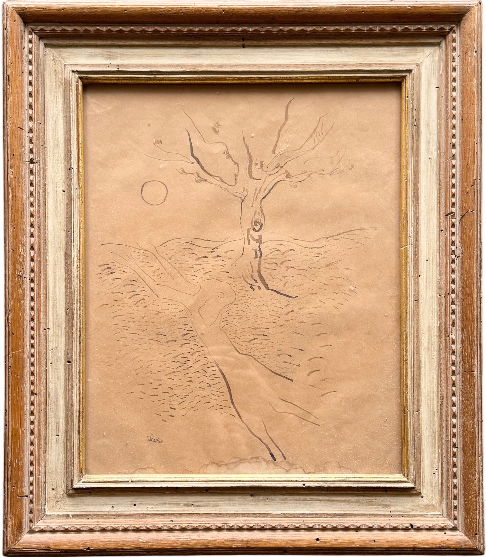 PAUL STRECKER (1900-1950, German) Moonstruck, NYC Gallery Label: Ink wash/watercolor on paper 16 x 13 in, 22 1/2 x 19 1/2 in (framed). Domestic Flat Shipping Price: $60