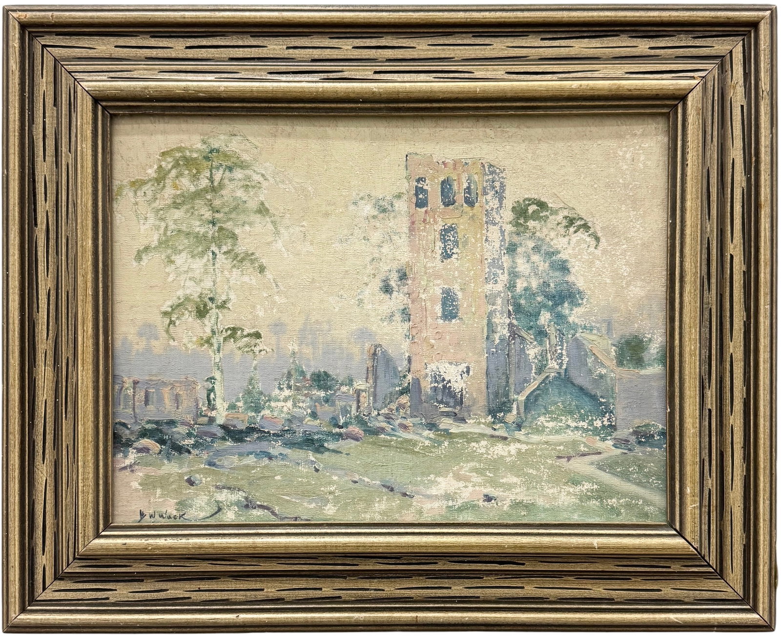 HENRY WELLINGTON WACK (1869-1954, American) Old Panama Cathedral, 1932: Oil painting on canvas board 16 x 12 in, 21 x 17 in (framed). Born in Baltimore, MD, Henry Wack lived in New York City during the 1920s and Lakeville, Connecticut in the 1930s. By the early 1940s he h