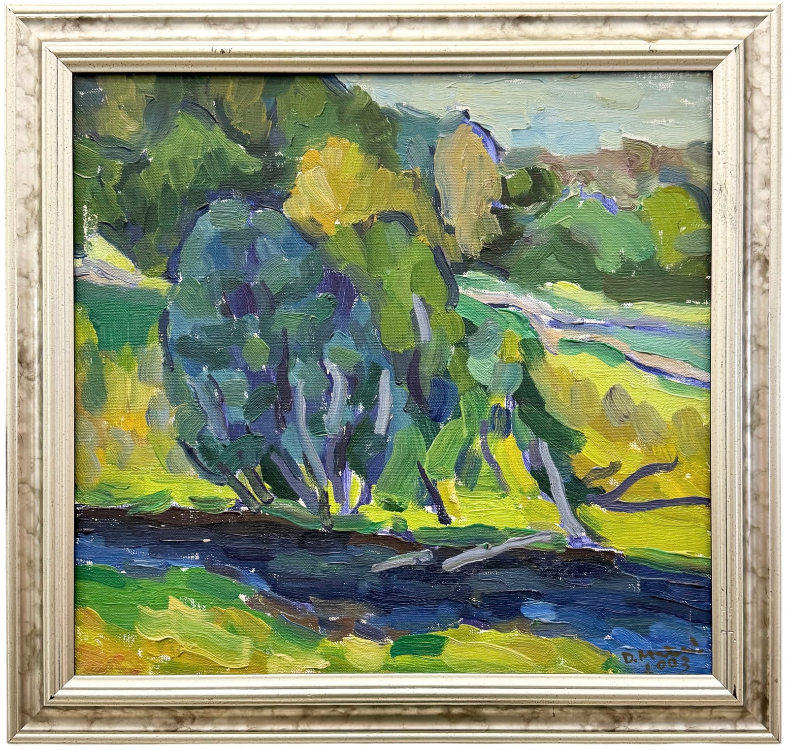 Dalia Genovaite Mazeikyte Lithuanian Fauvist Landscape "Vilnius, Belmontas": Oil painting on canvas 15 x 14 1/2 in, 18 x 17 1/2 in (framed). Domestic Flat Shipping Price: $55