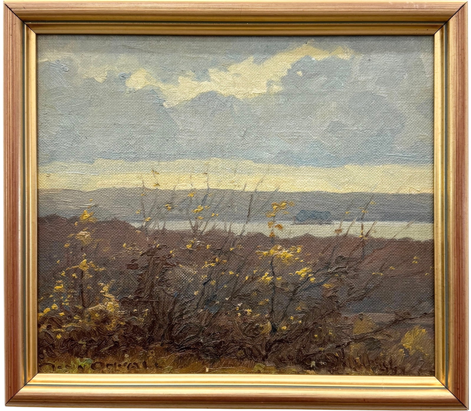 JOHN OHRVALL (20th c, Sweden) Atmospheric Scandanavian Landscape: Oil painting on canvas 12 x 10 in, 13 1/2 x 11 1/2 in (framed). Domestic Flat Shipping Price: $45