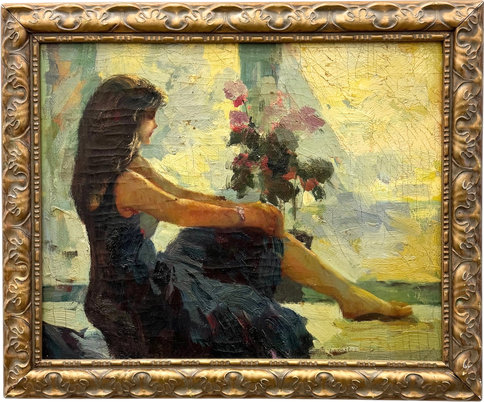 20th Century American Impressionist Interior Scene Of A Girl With Flowers (1 of 3)