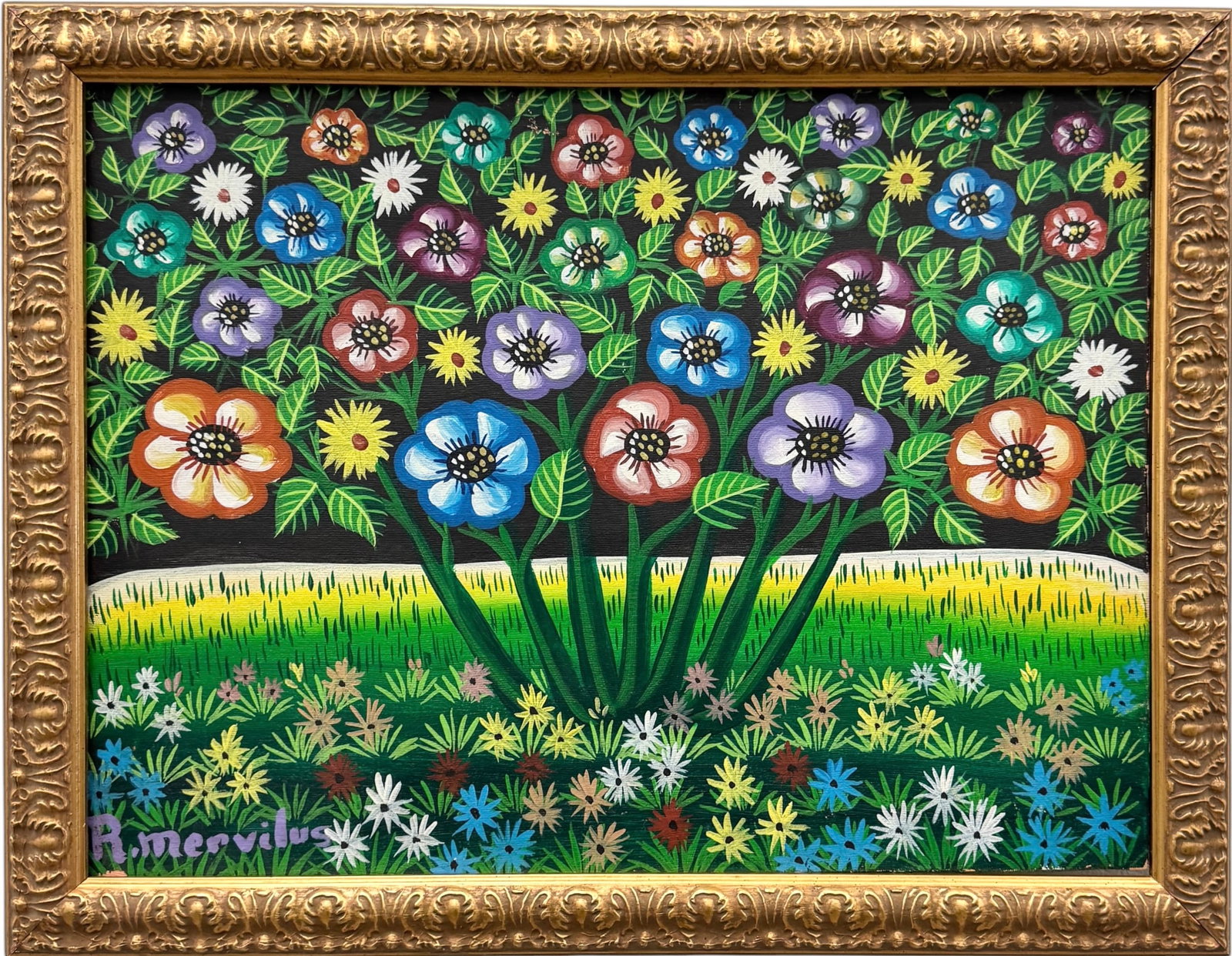 RODRIGUE MERVILUS (b.1947, Haitian) Flowers: Oil painting on canvas 16 x 12 in, 18 x 14 in (framed). Domestic Flat Shipping Price: $55
