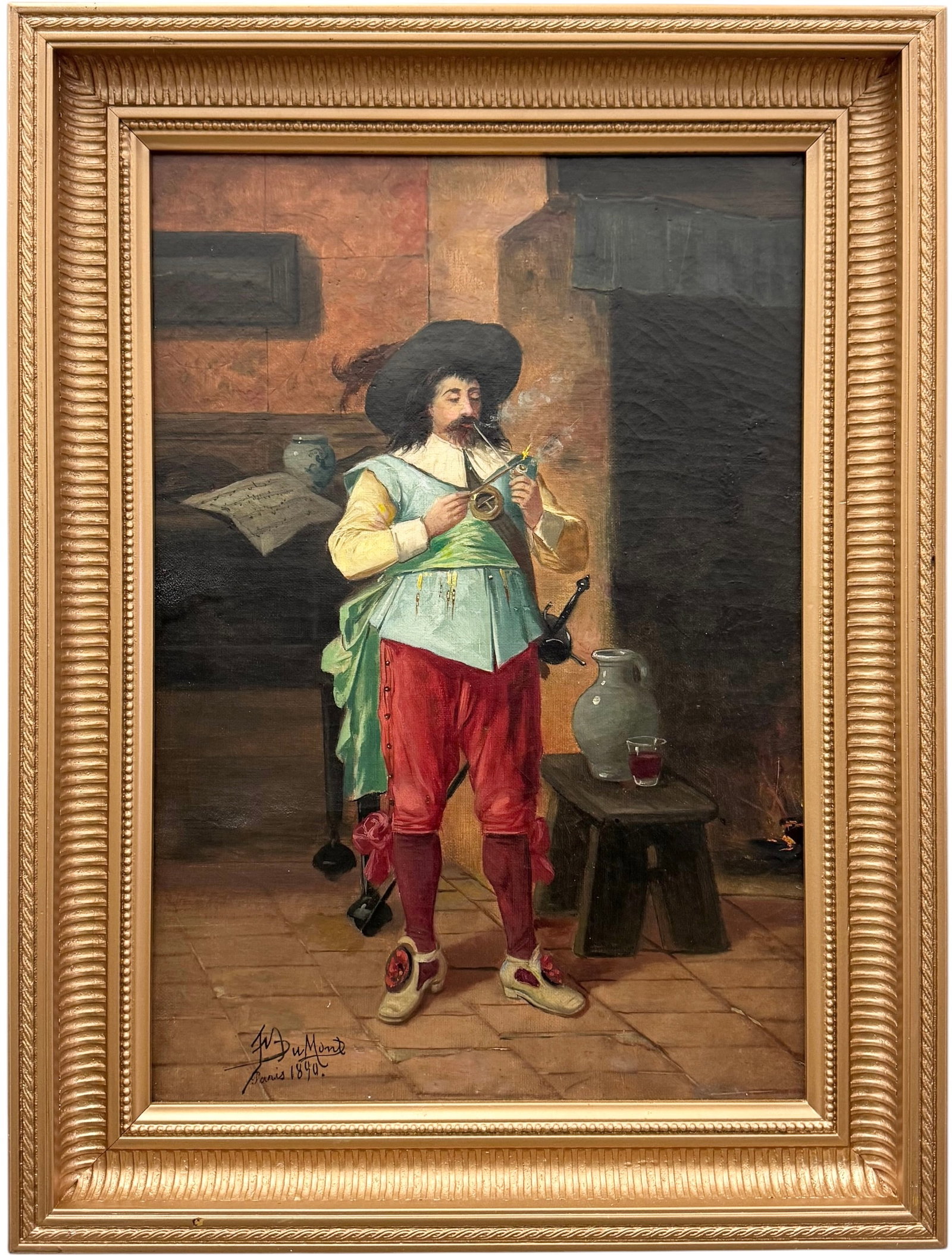 FRANCOIS DUMONT (1850-1920, Begium) Mousquetaire Au Repos, Paris, 1890: Oil painting on canvas 18 x 13 in, 23 x 18 in (framed). Domestic Flat Shipping Price: $65