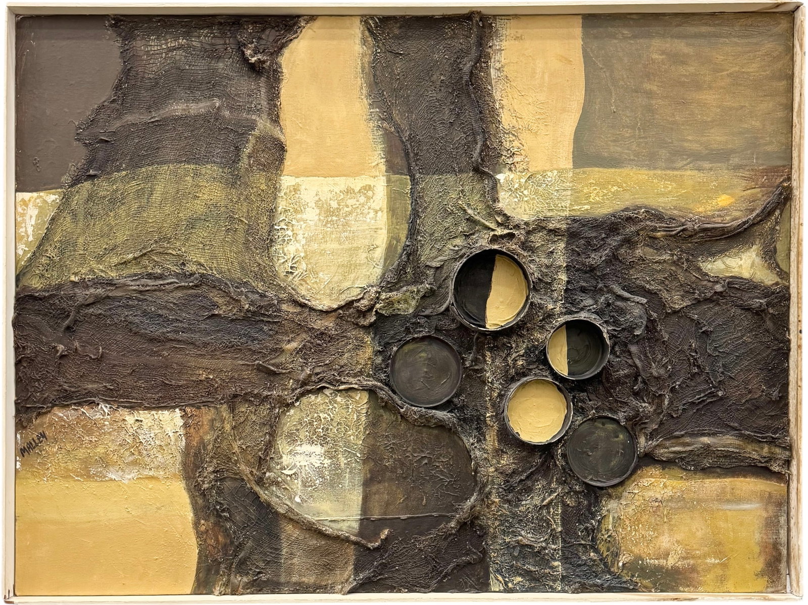 Mid-Century Modernist Abstract Mixed Media Painting, Signed MALLEY: Oil painting and collage on canvas 40 x 30 in. Domestic Flat Shipping Price: $120