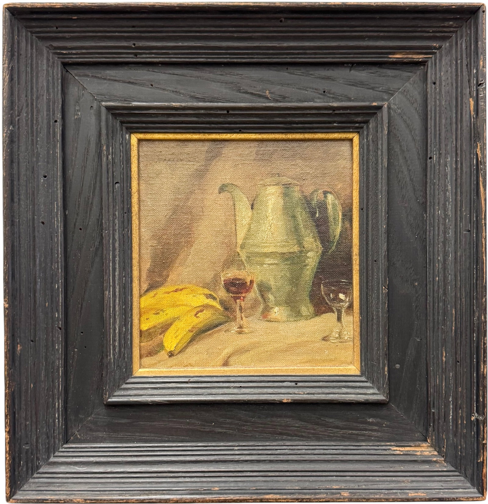 Antique Still Life Oil Painting, Bananas, Wine Glass, and Pitcher, Signed F. Felix: Oil painting on board 6 1/2 x 7 in, 12 x 12 in (framed). Domestic Flat Shipping Price: $45