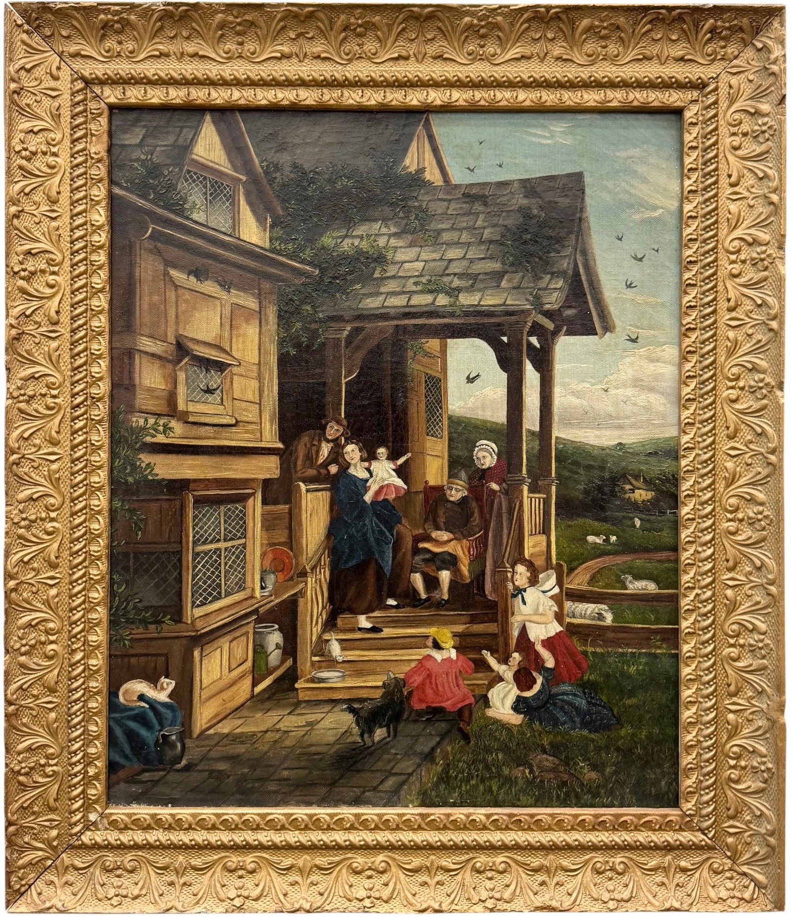 19th Century European Folk Art Family Scene at a Homestead Oil Painting: Oil painting on canvas 17 x 14 in, 21 x 18 in (framed). Domestic Flat Shipping Price: $65