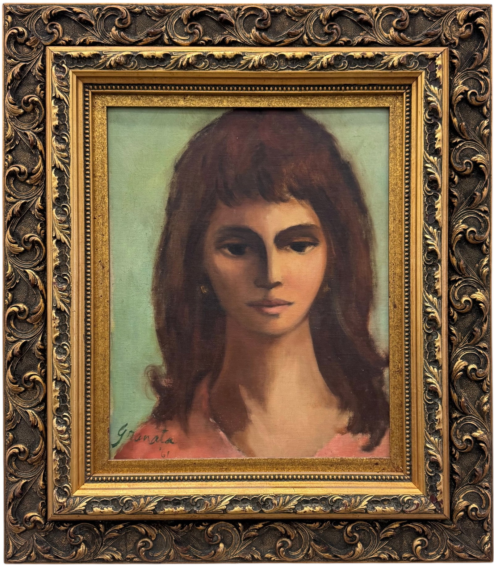 JOSEPH GRANATA (Mid-20th Century, French) Portrait 1961: Oil painting on board 16 x 13 in, 25 x 22 in (framed). Domestic Flat Shipping Price: $60