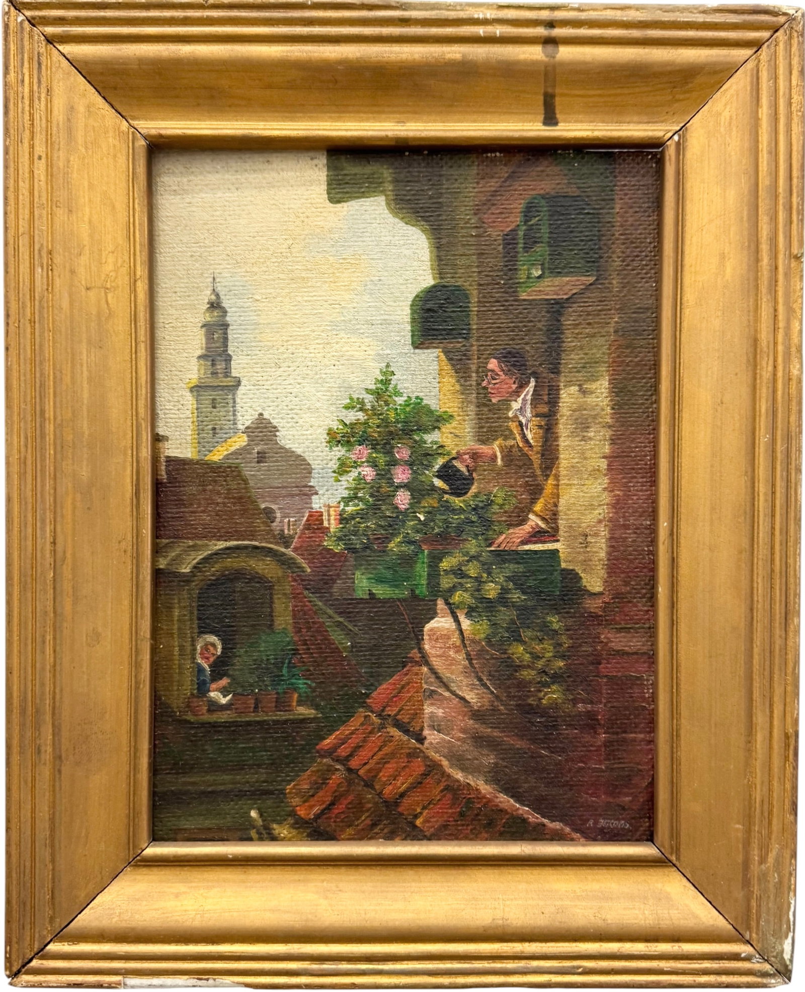 "The Attic" After German Artist Carl Spitzweg Oil Painting On Board: Oil painting on board 12 1/2 x 10 in (framed). Domestic Flat Shipping Price: $45