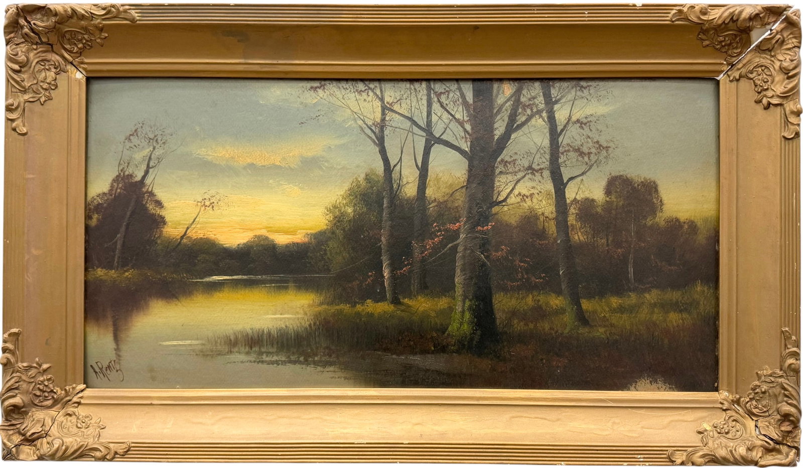 19th Century Tonalist Hudson River School Signed Landscape Painting: Oil painting on board 24 x 12 in, 28 x 16 in (framed). Domestic Flat Shipping Price: $70