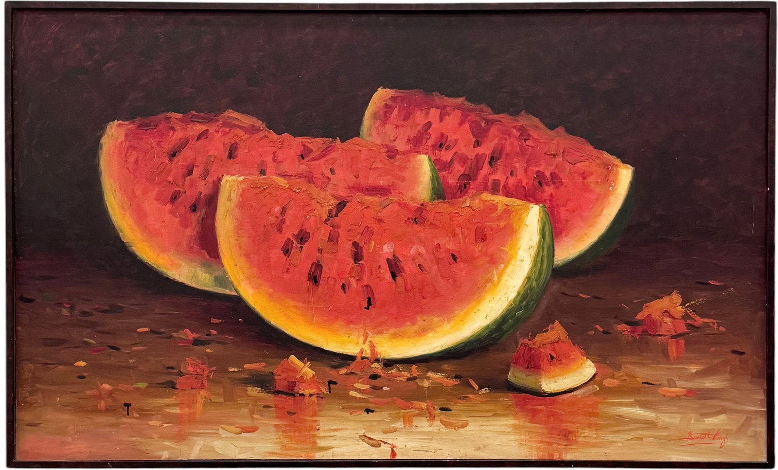 Large Mid-Century Modern Oil Painting of Watermelon Slices Still Life, Signed 60" (1 of 3)