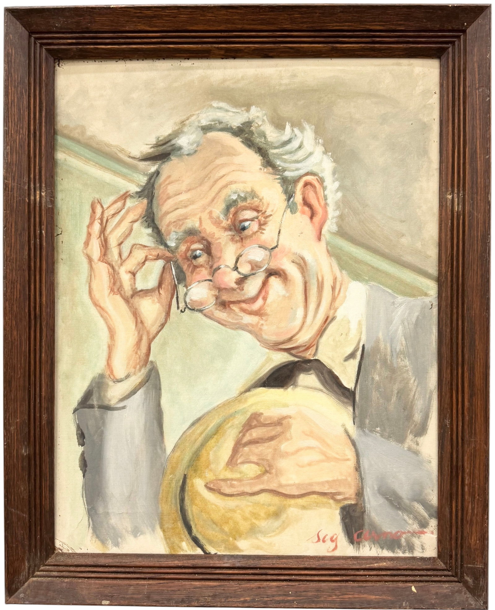 Vintage Mid-Century Caricature Oil Painting Comedic Elderly Man with Glasses, Signed: Oil painting on board 18 x 14 in, 21 x 17 in (framed). Domestic Flat Shipping Price: $55