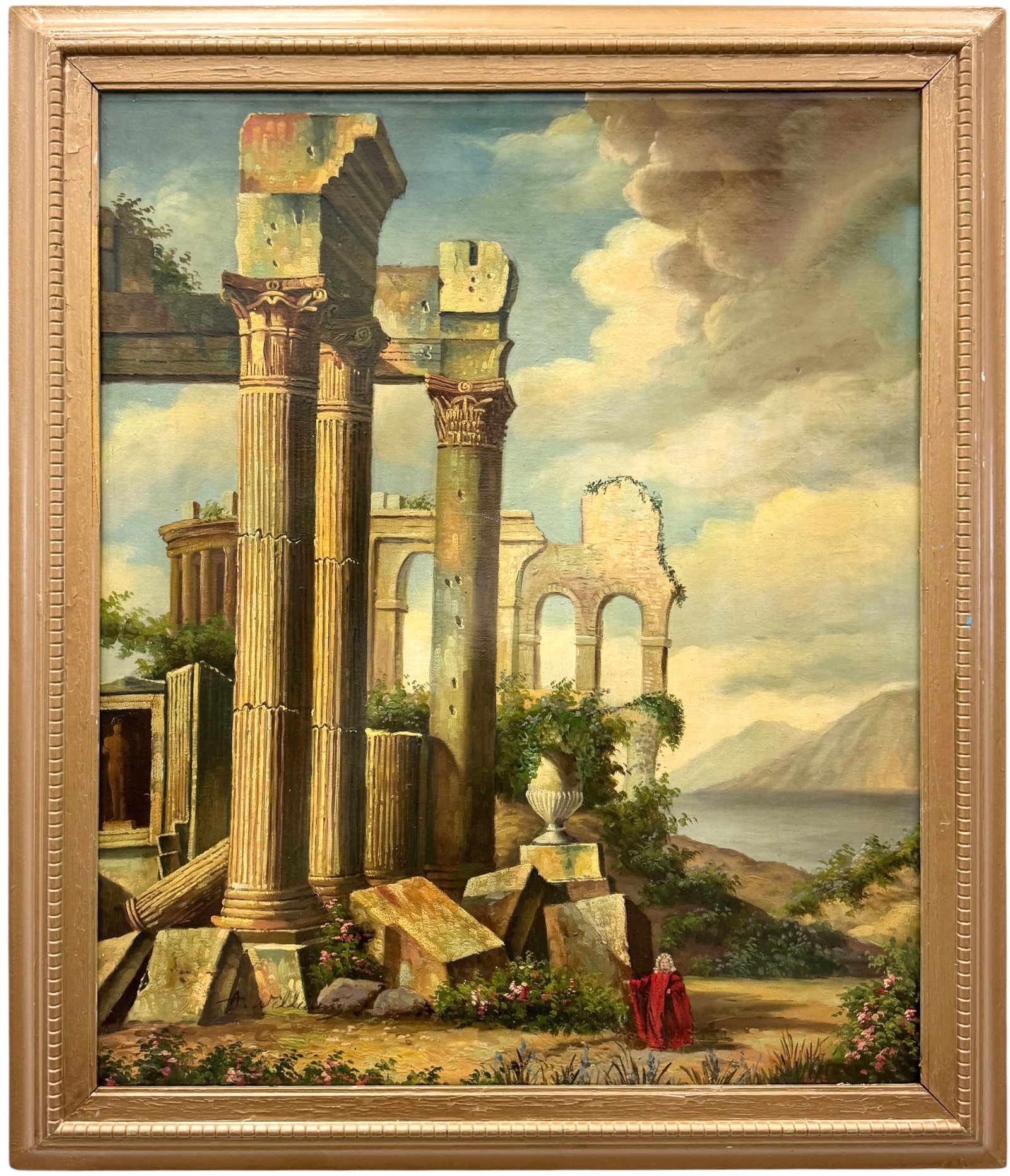 20th C Roman Capriccio Oil Painting Depicting Clasical Ruins, Signed: Oil painting on canvas 24 x 20 in, 29 x 15 in (framed). Domestic Flat Shipping Price: $80