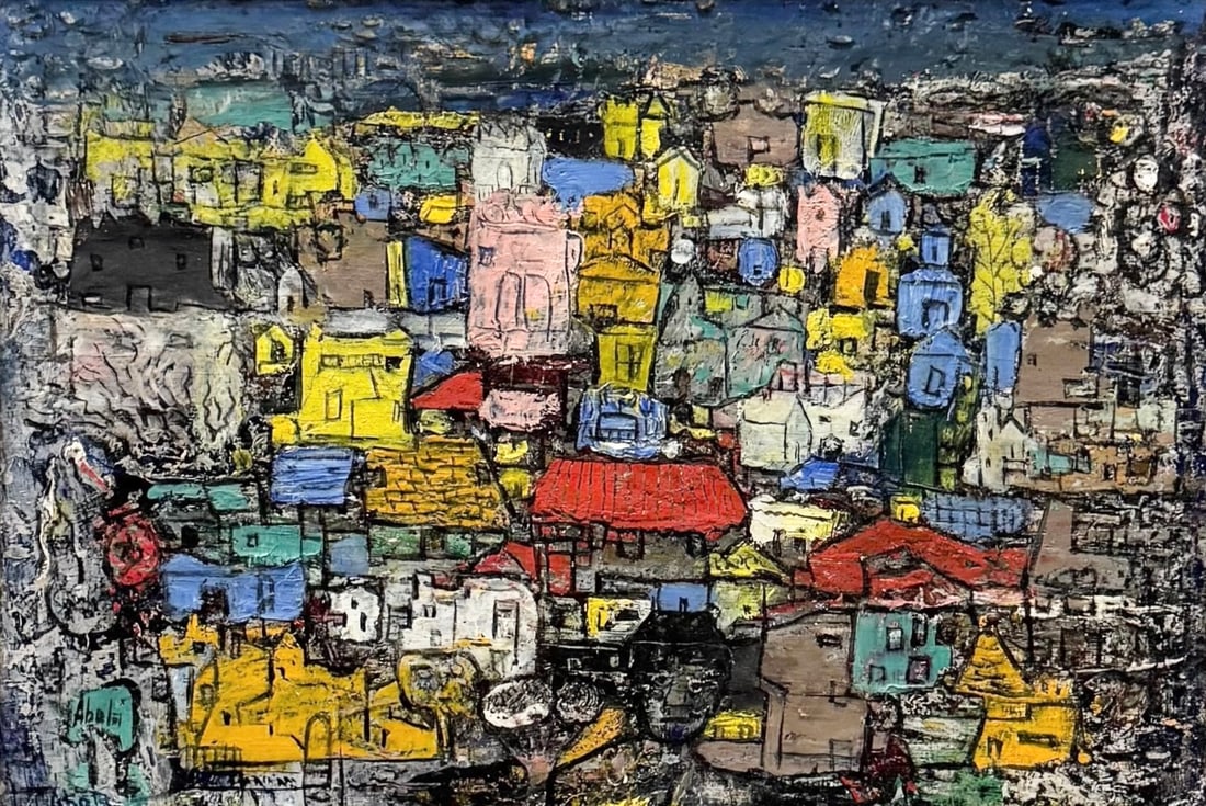 EDUARDO ABELA (1889-1965, Cuba) Street Scene w/ Dog: Oil painting on thin wood panel 13 x 9 in, 19 1/2 x 15 1/2 in (framed). Acquired by owner from a private collection in Coral Gables. Housed in a custom mid-century style wooden float frame with double