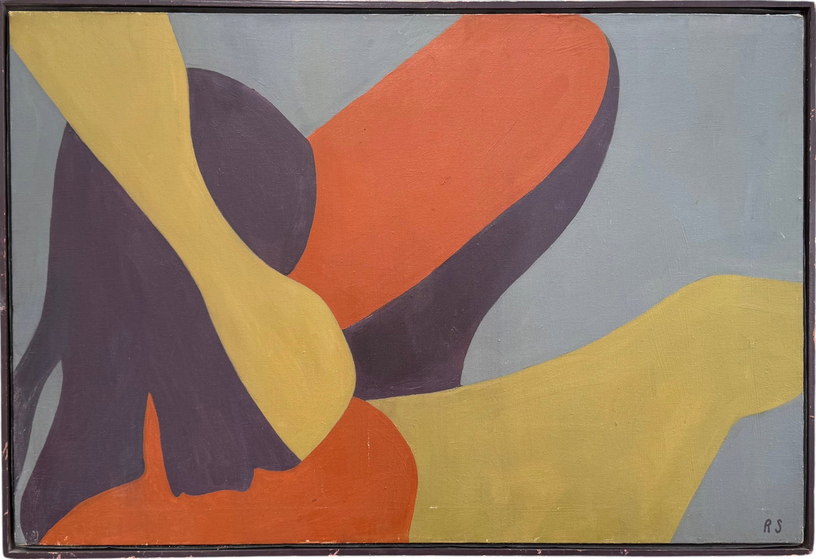 Mid Century Modern Overlapping Geometric Forms In Floating Frame, Signed RS - Circa 1960's: Oil painting on canvas 36 x 24 in