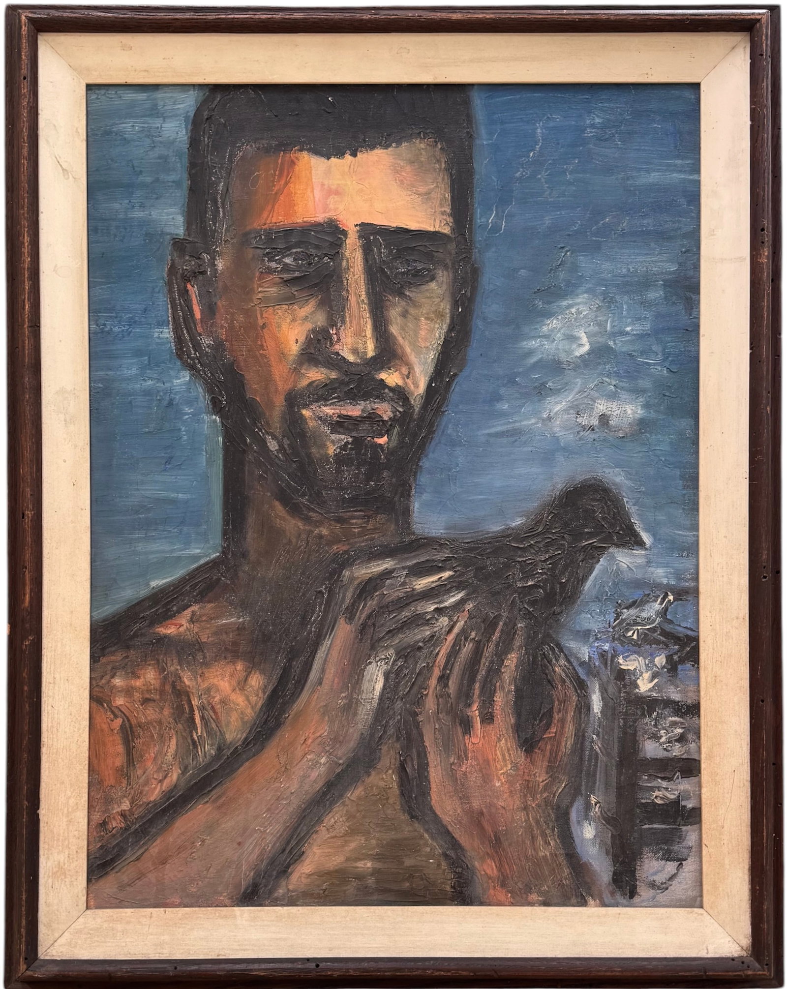 W. Harris (Mid-20th c, American), Expressionist Oil Portrait of a Man with Bird (1 of 2)