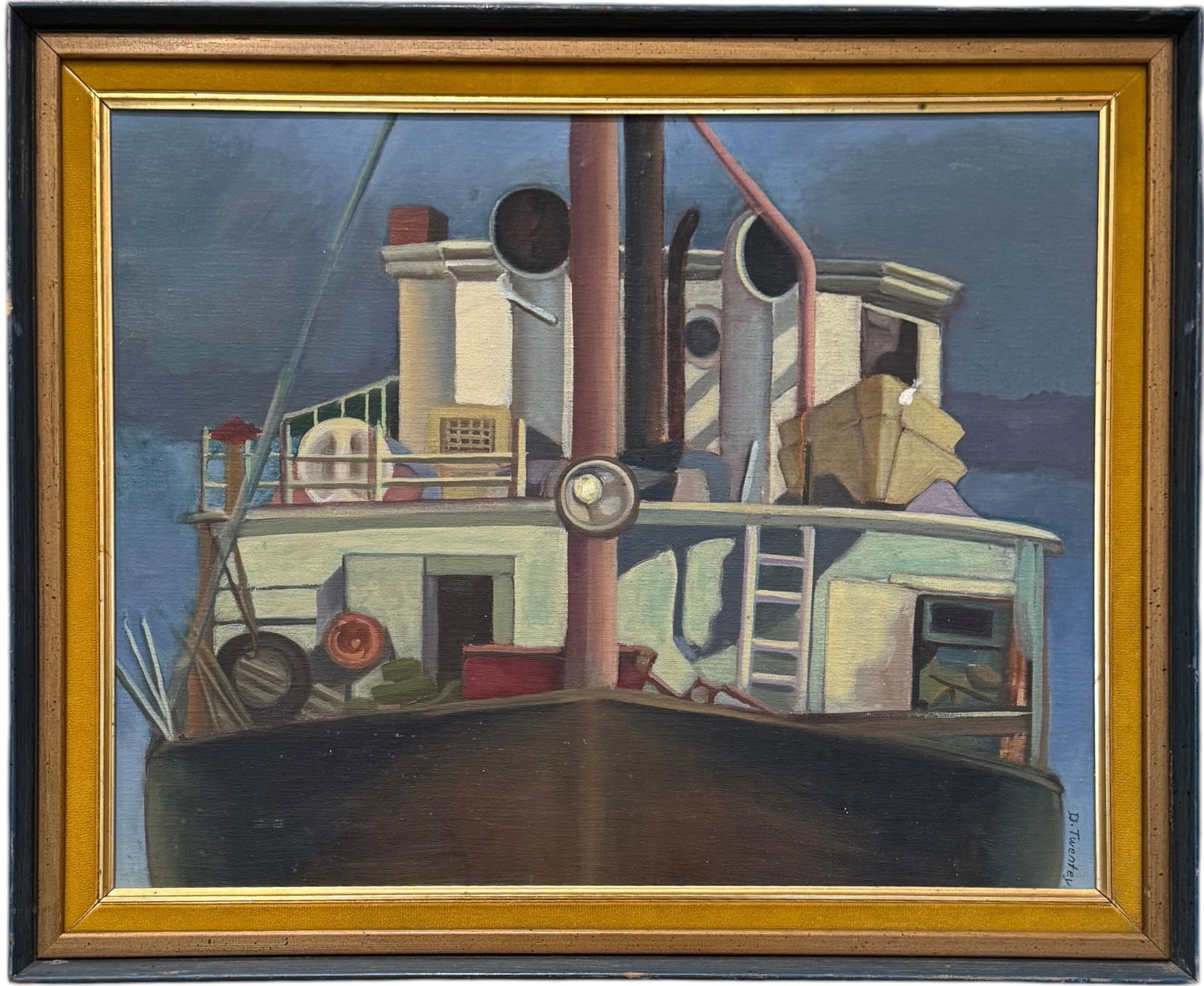 Mid-Century American School Precisionist Composition of a Vessel Deck: Oil painting on canvas 20 x 16 in, 23 x 19 in (framed)