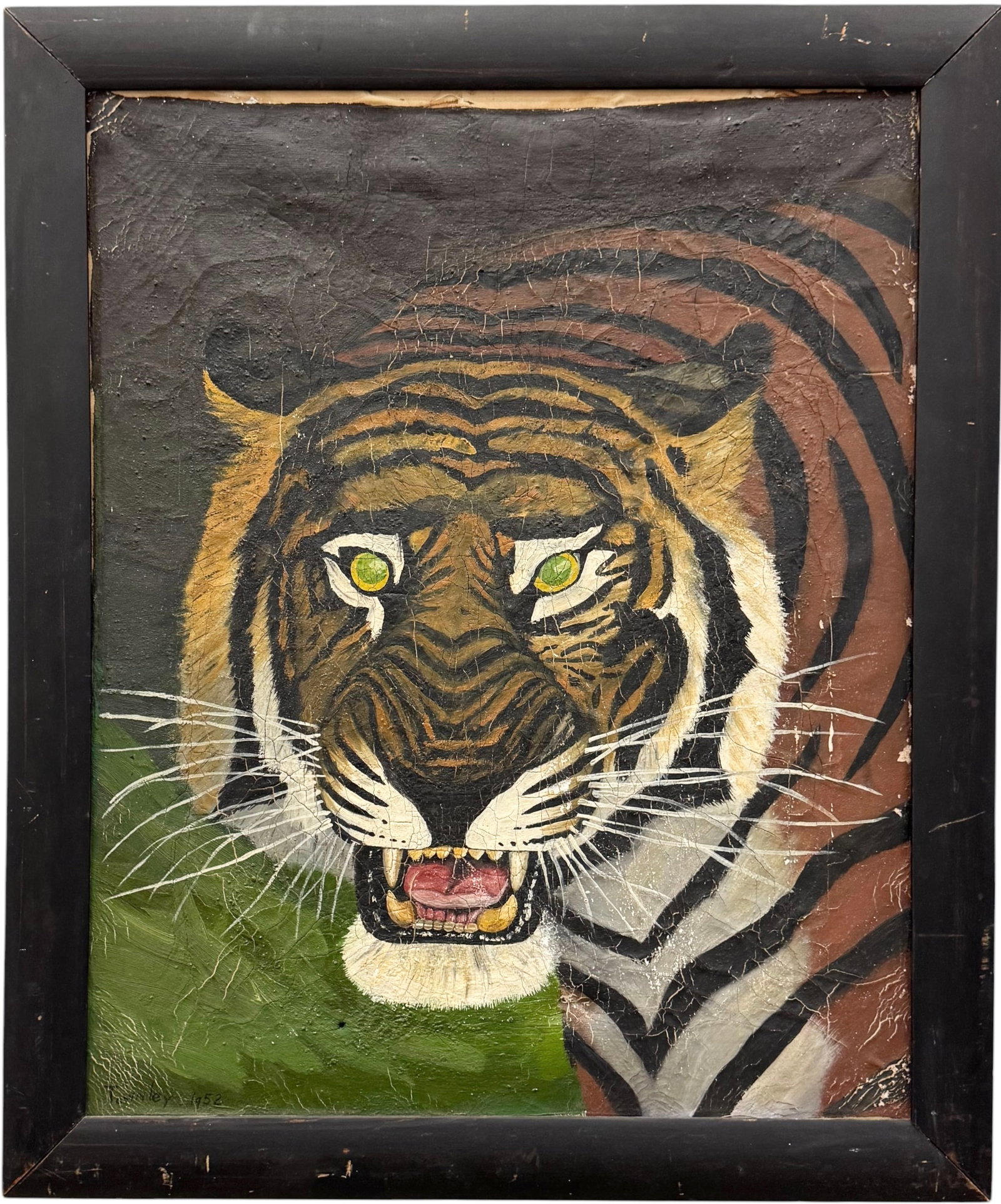 Mid-Century Primitive Growling Tiger Painting Signed & Dated 1952 (1 of 3)