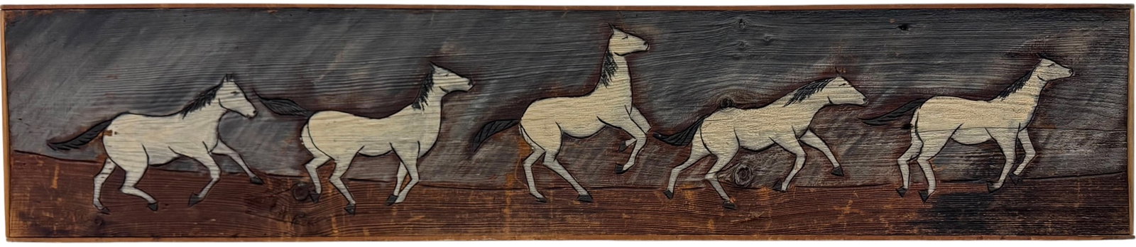 Mid-Century Modern American Incised Mustangs Rustic Wood Relief Panel Bernell 1960: Painted on wood panel 51 x 11 in. Mid-century folk art