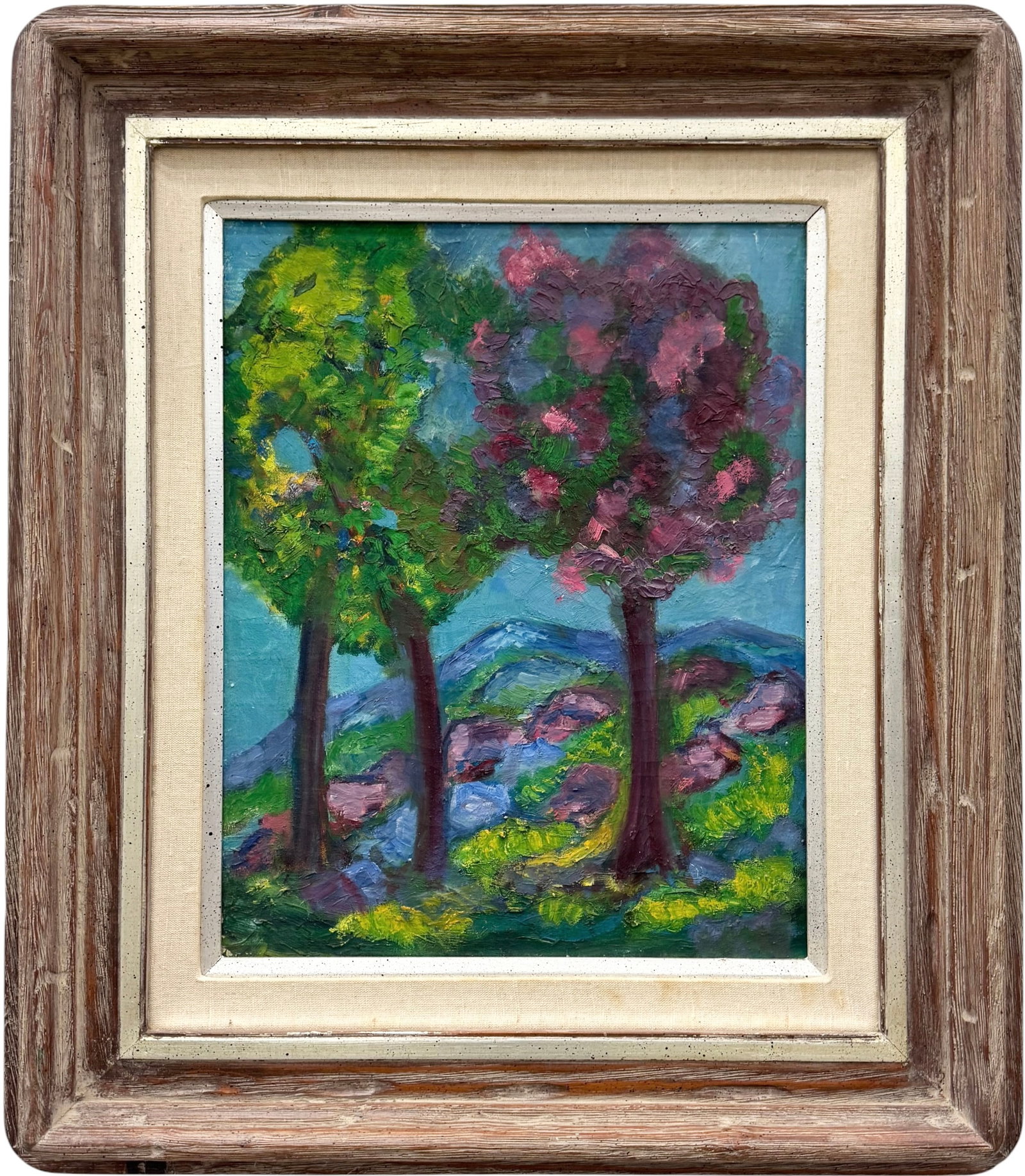 20th C. Springtime Impressionist Landscape with Blossoming Trees, Rustic Tiered Frame (1 of 2)