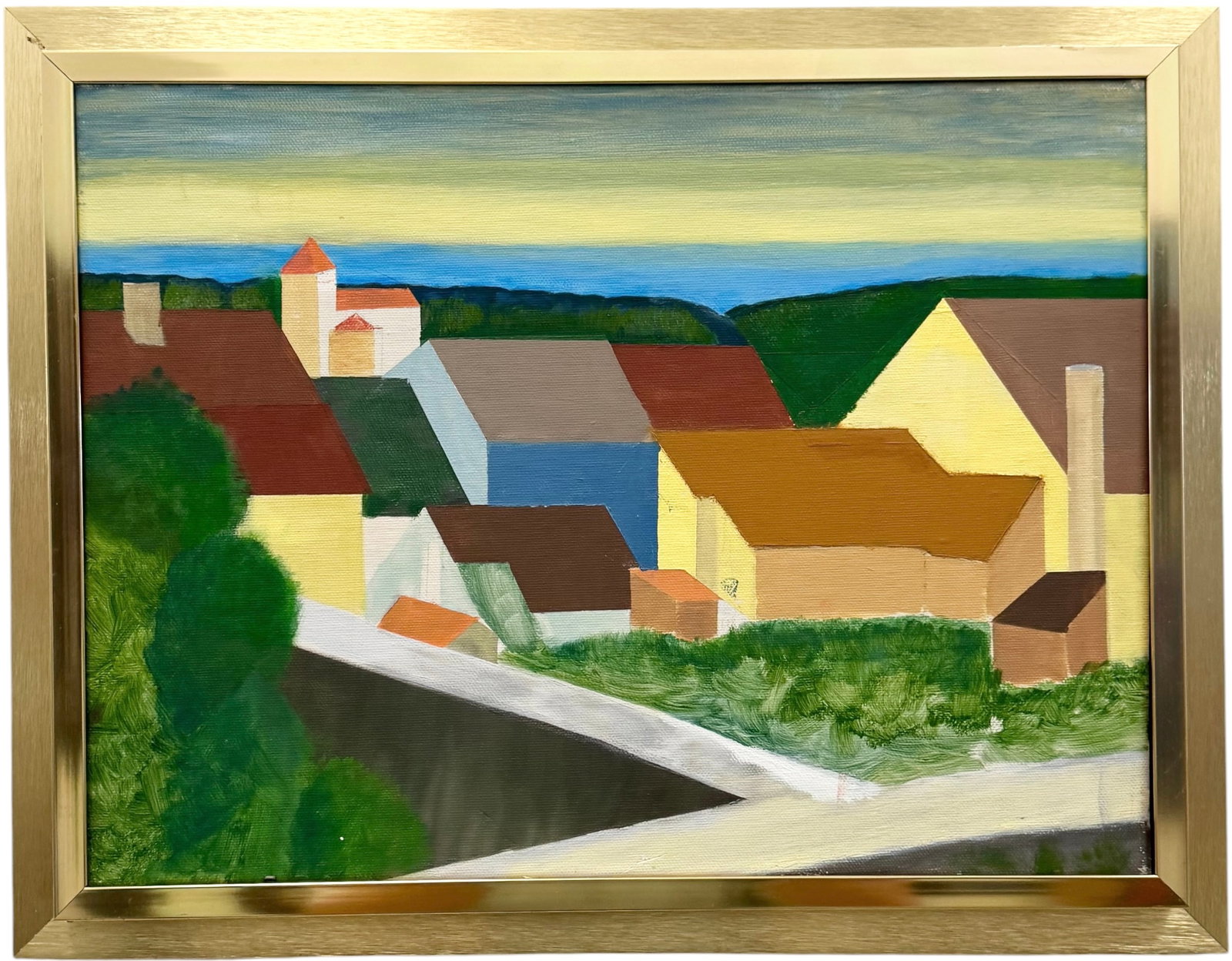 Vintage Mid-Century Geometric Rooftops Stylized Architectural Landscape: Oil painting on canvas 16 x 12 in, 18 1/2 x 14 1/2 in (framed)