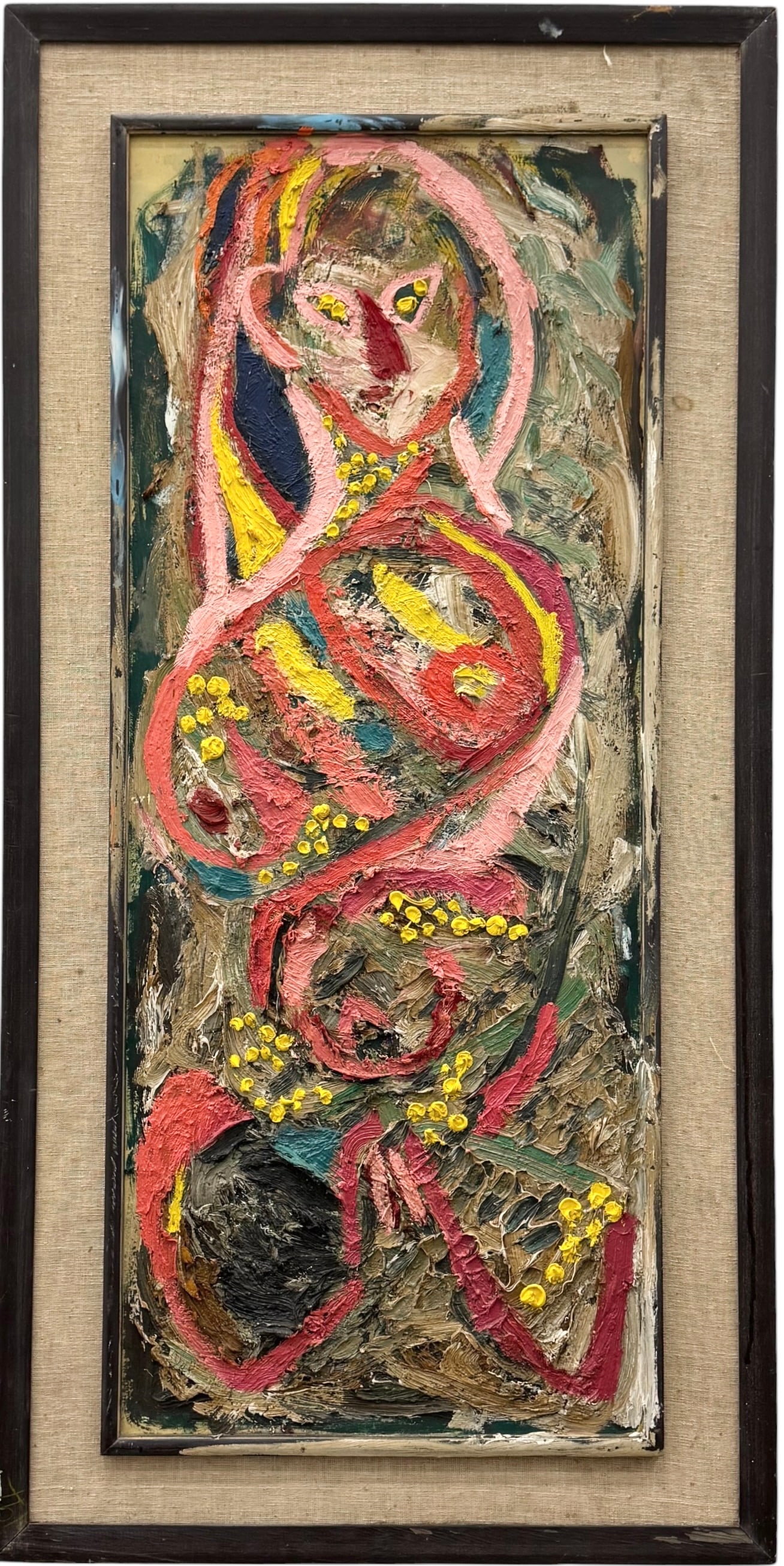 Mid-Century Modern Abstract Expressionist Oil on Canvas, CoBrA Manner: Oil painting on masonite 41 x 20 1/2 in (framed).