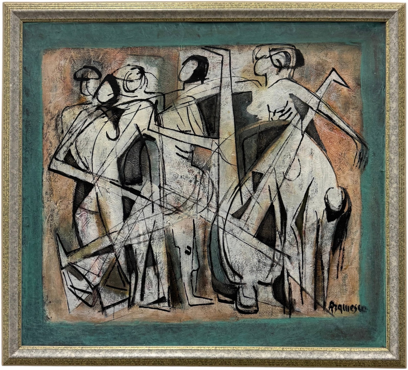 GEORGETA GIGI ARAMESCU (1910-1994, Romanian American) Cubist Figures: Oil painting on canvas 26 x 23 in, 29 x 26 in (framed). Ar?mescu was highly celebrated for her distinct avant-garde style that combined Analytical Cubism with rhythmic geometric abstractions. Her work